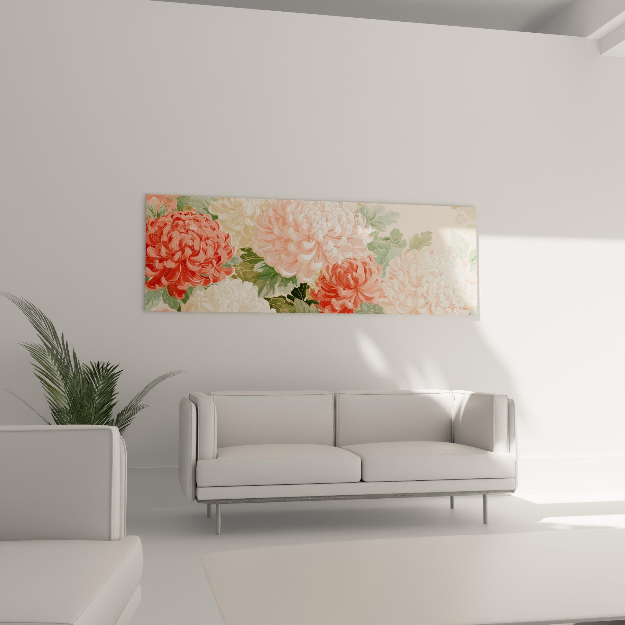 Bouquet de chrysanthèmes corail et vert sauge disposé au-dessus d'un canapé dans un salon lumineux