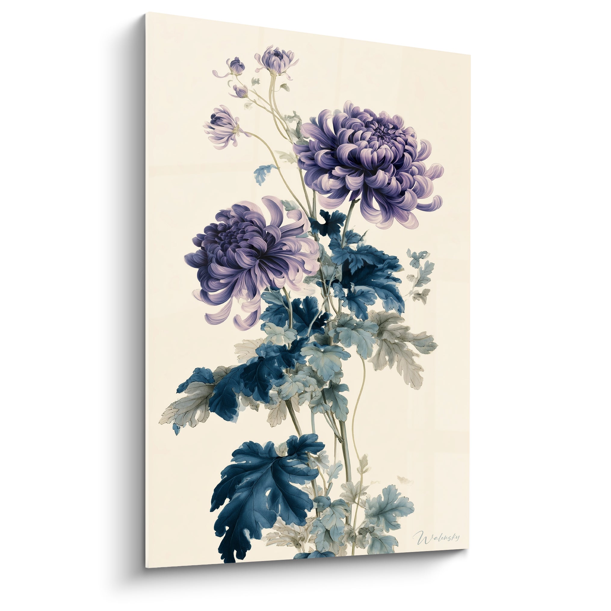 Chrysanthèmes violets aux feuilles bleu marine peints sur fond ivoire, style botanique délicat