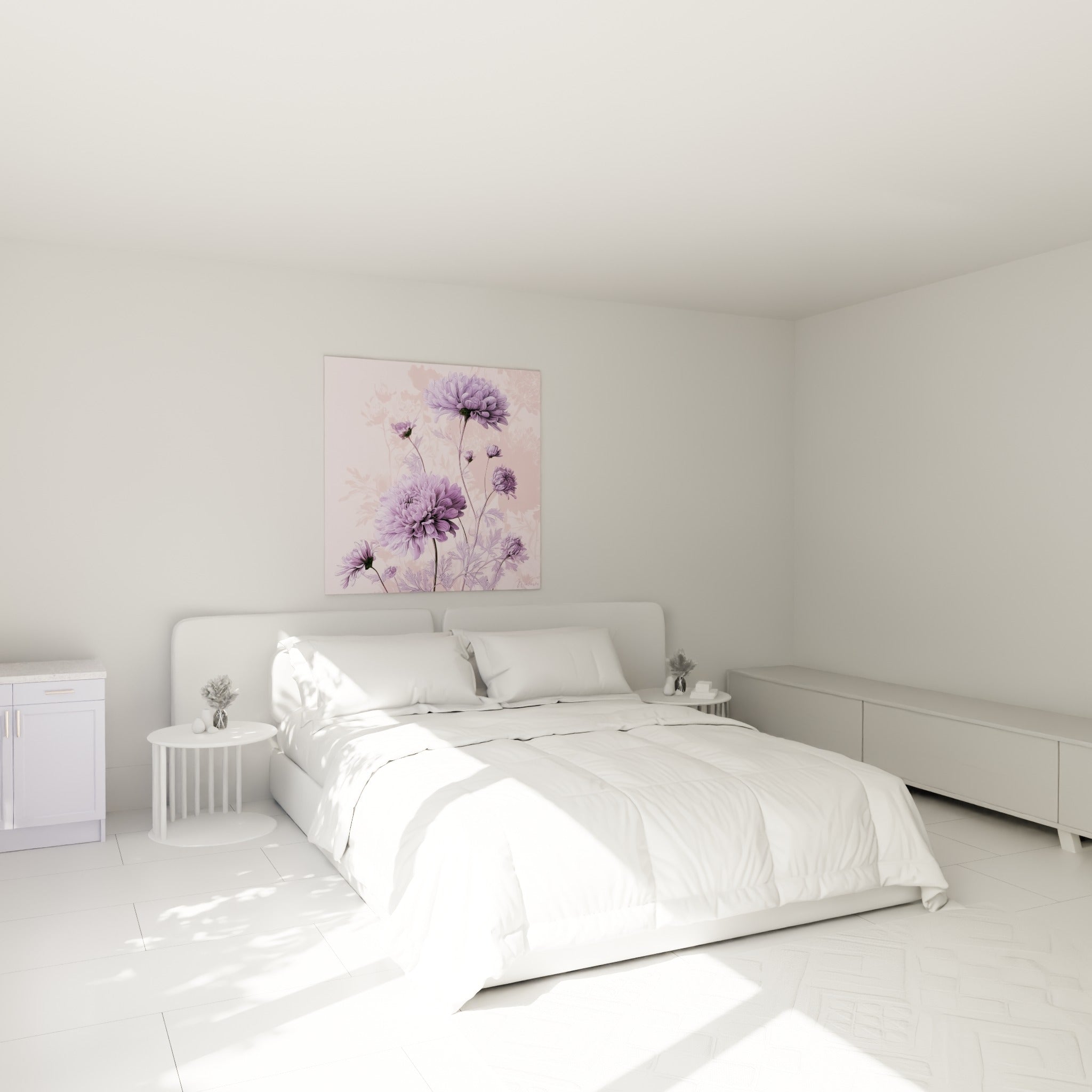 Fleurs de chrysanthème violettes et roses accrochées au-dessus d'un lit dans une chambre claire