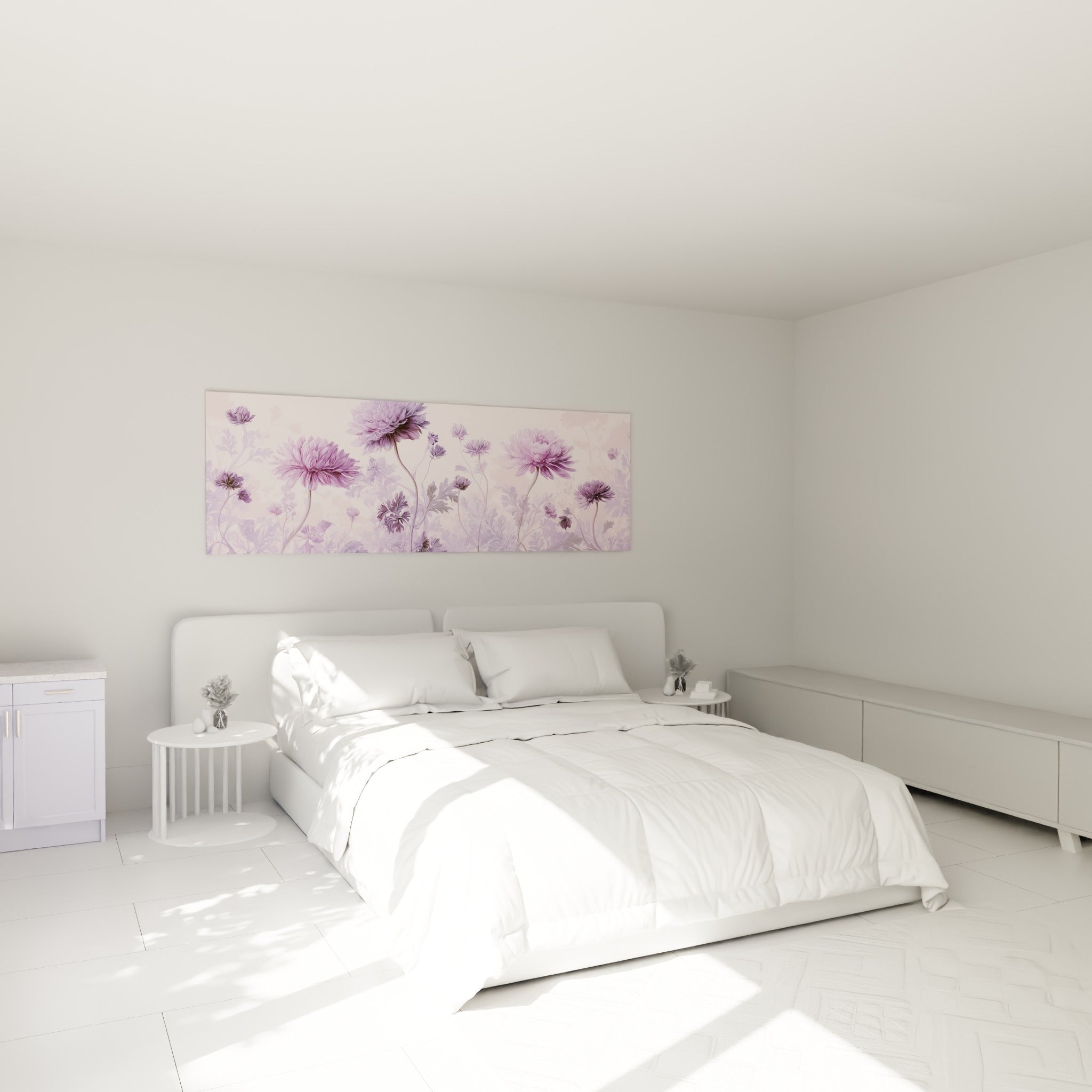 Fleurs de chrysanthème violet et rose pâle disposées au-dessus d'un lit dans une chambre claire