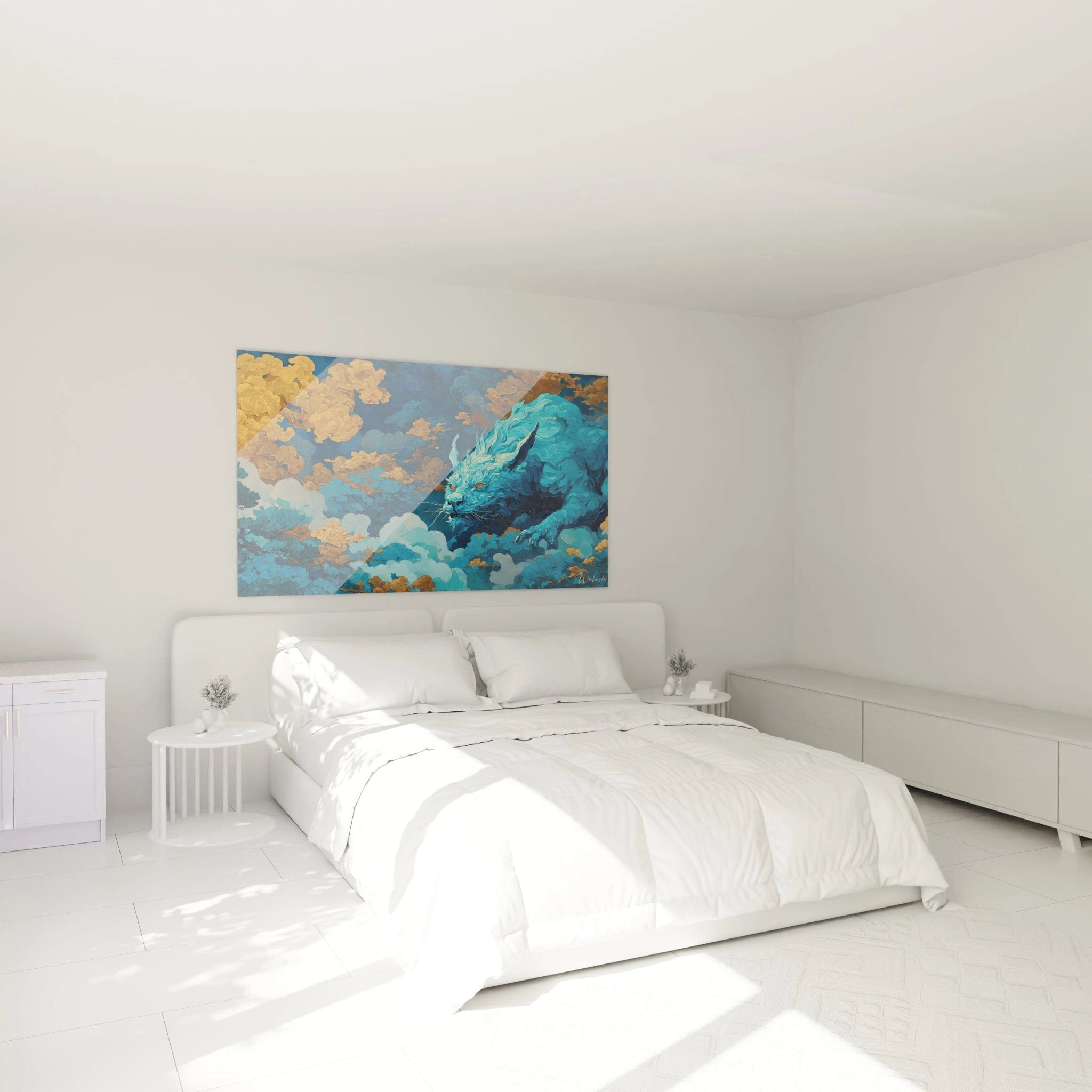 Tableau mural dragon céleste bleu décorant chambre ambiance mystique fantastique