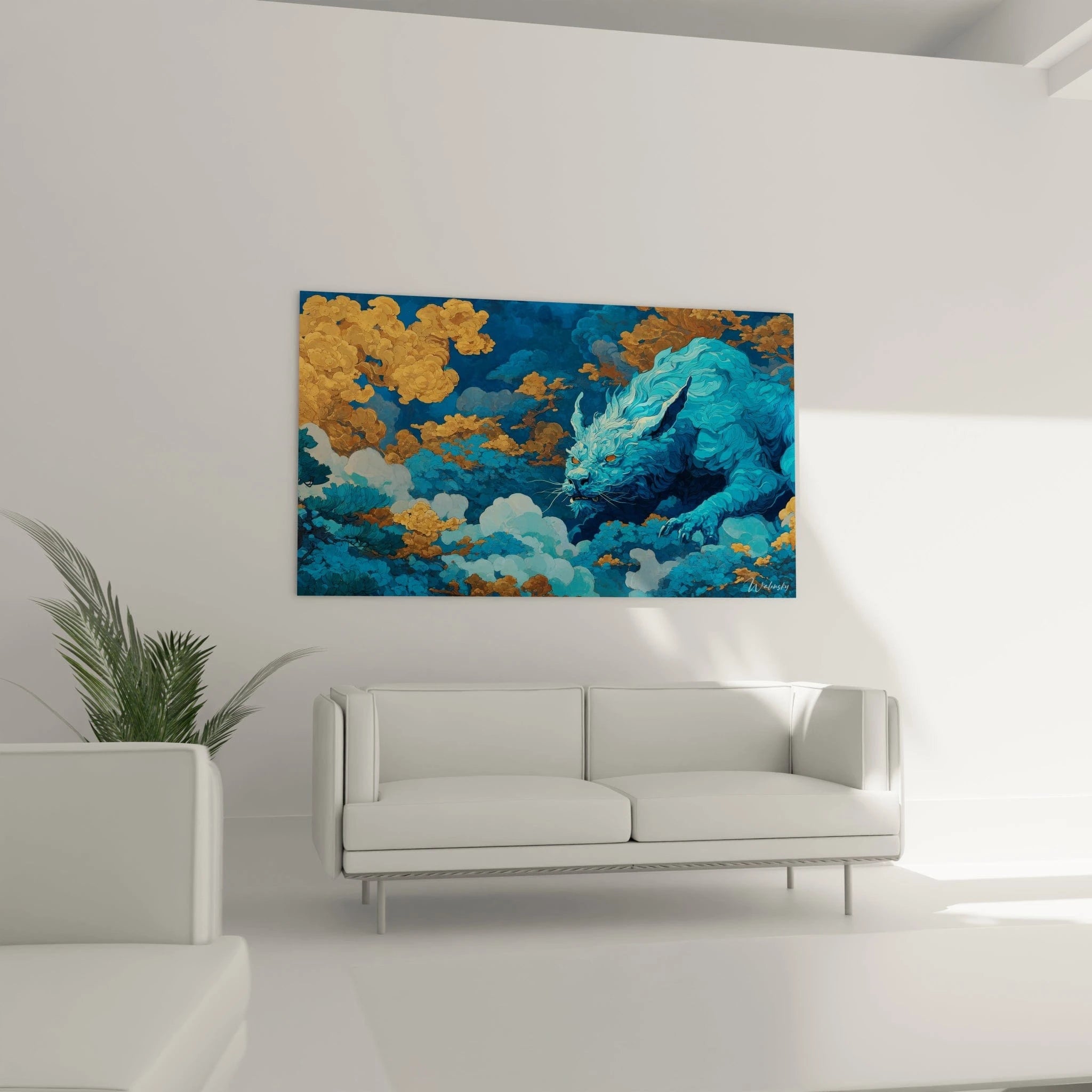 Gros plan détails dragon bleu écailles brillantes crinière flamboyante art Chupacabra