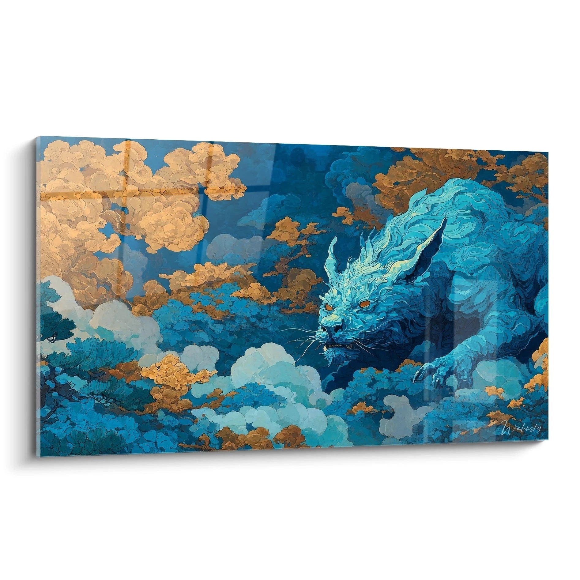 Tableau dragon céleste bleu naviguant dans nuages dorés art fantastique Chupacabra
