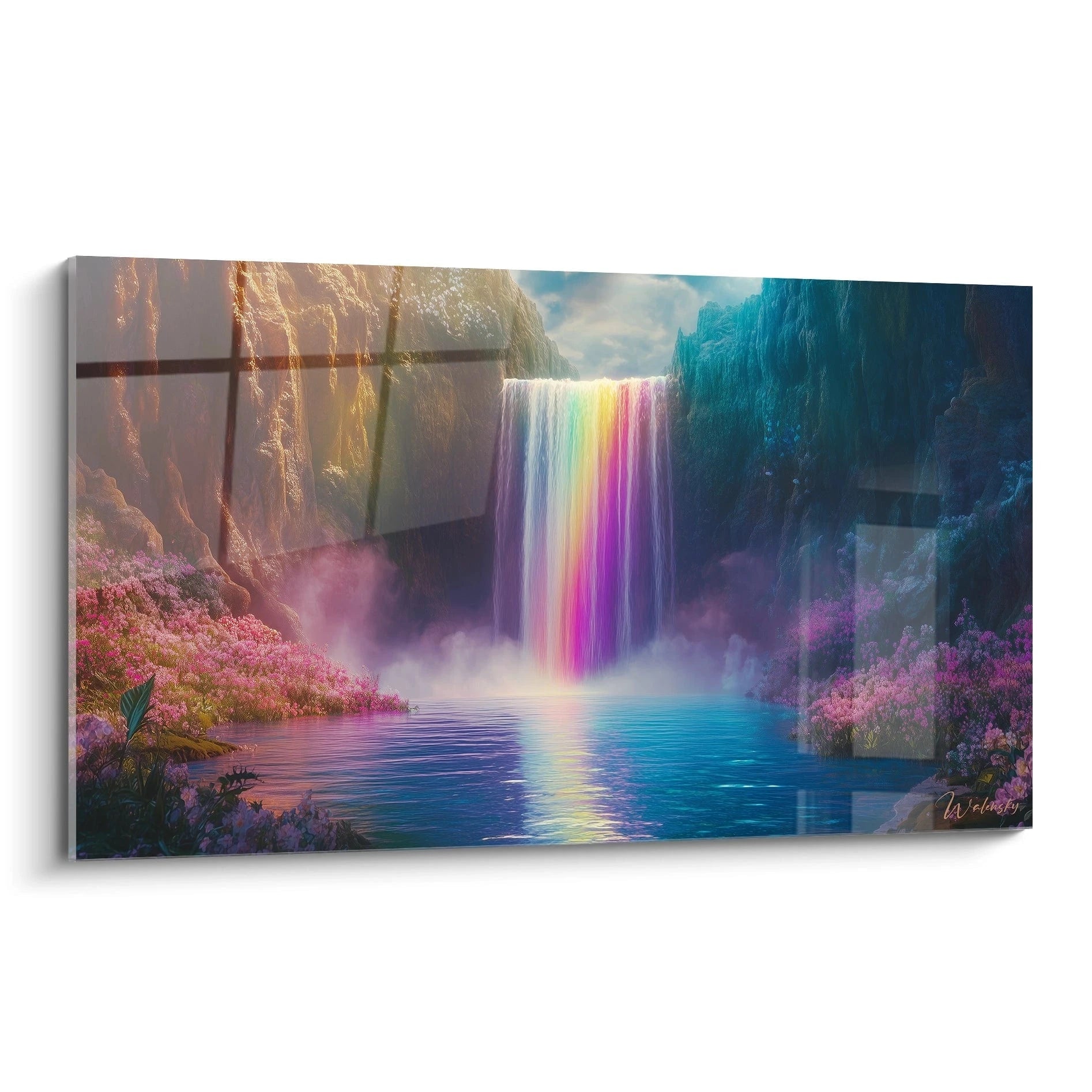 Un tableau artistique représentant une cascade aux couleurs arc-en-ciel tombant entre deux falaises, avec un bassin d'eau turquoise entouré de fleurs roses, créant une atmosphère féerique et lumineuse.