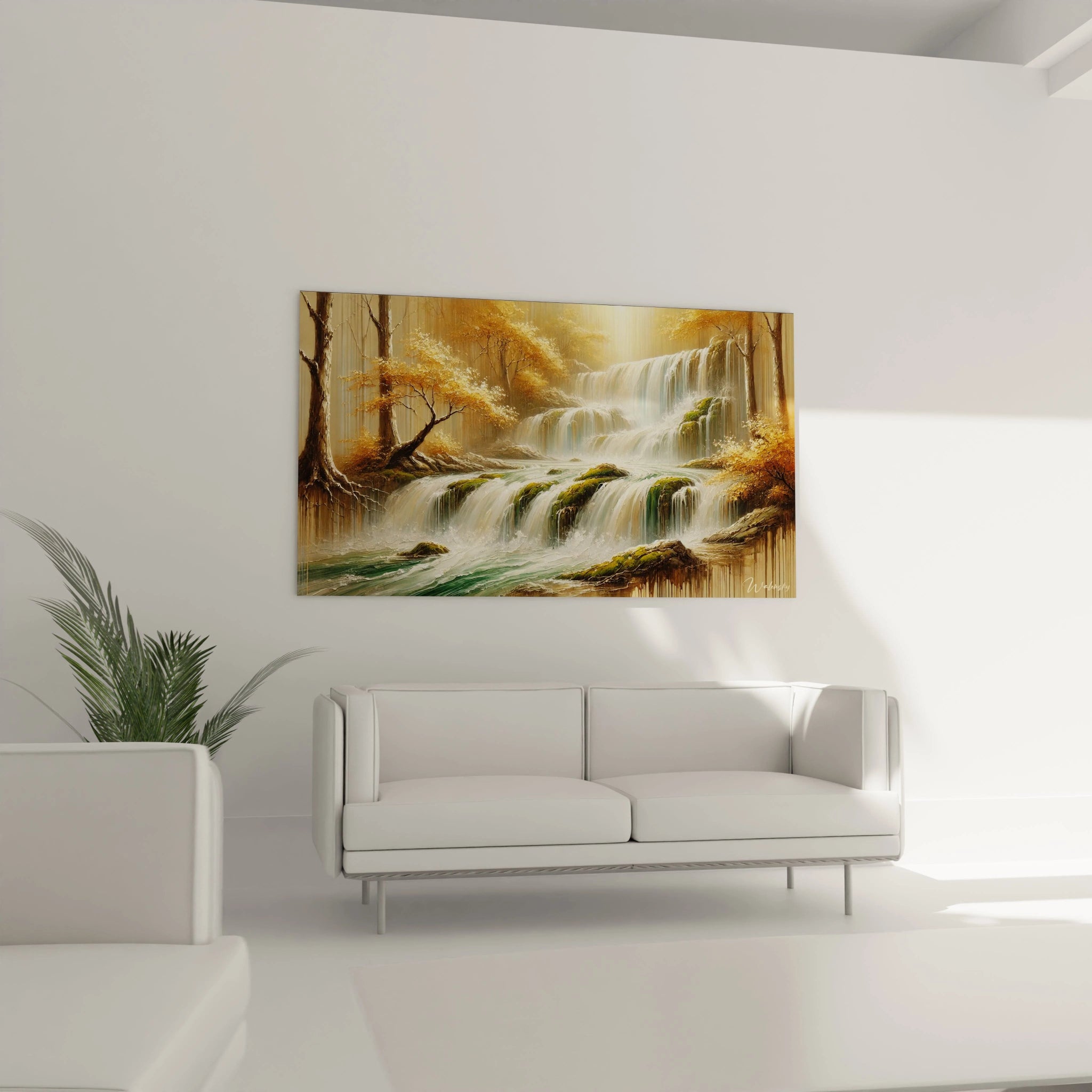 Tableau Cascade dans un salon : ideal au-dessus du canape, ce tableau illumine votre salon avec une scene naturelle et majestueuse, capturant l essence de cascades et d arbres dores