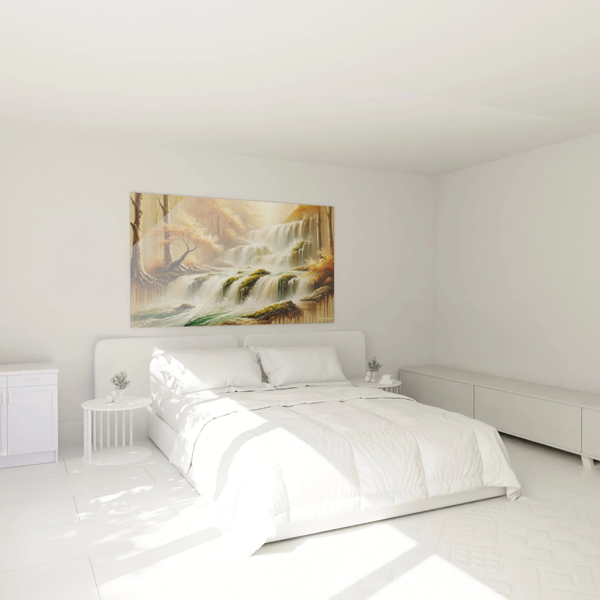 Tableau Cascade dans une chambre : ajoutez une touche de serenite a votre chambre avec ce tableau apaisant au dessus du lit, representant des chutes d eau et des arbres dores baignes de lumiere douce