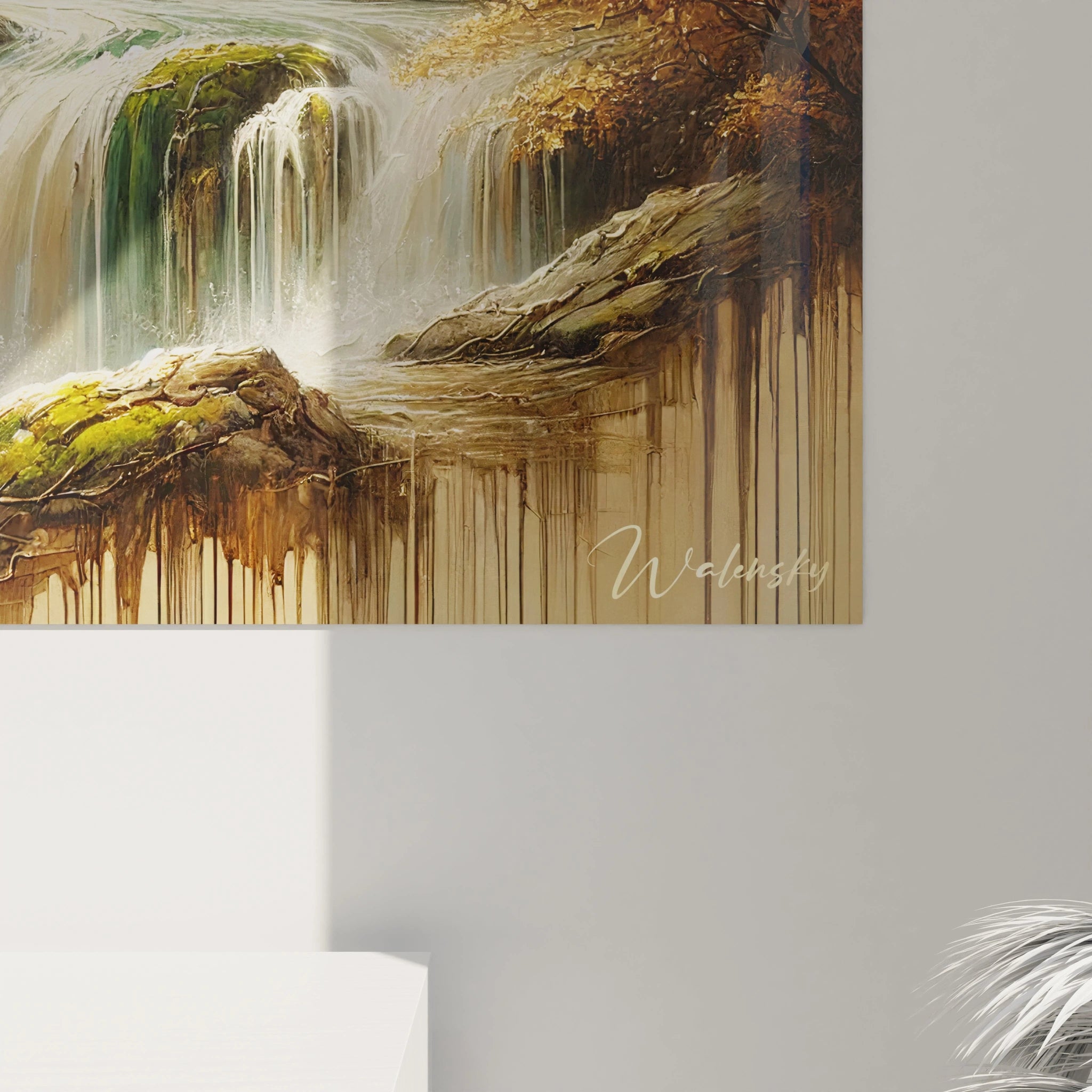 Vue rapprochee du tableau Cascade : admirez les details fins et le realisme impressionniste de ce tableau, avec des cascades vivantes et des reflets dores qui apportent une ambiance apaisante