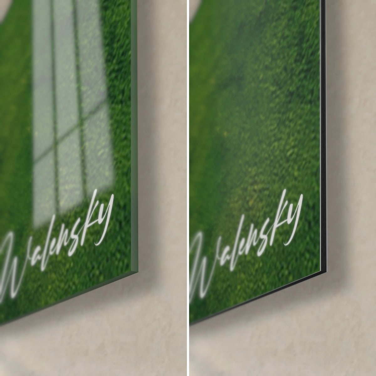 Tableau torrent vu d'en haut, coin bas droit : verre acrylique brillant et reflets, Dibond mat vert, tranche de 3 mm
