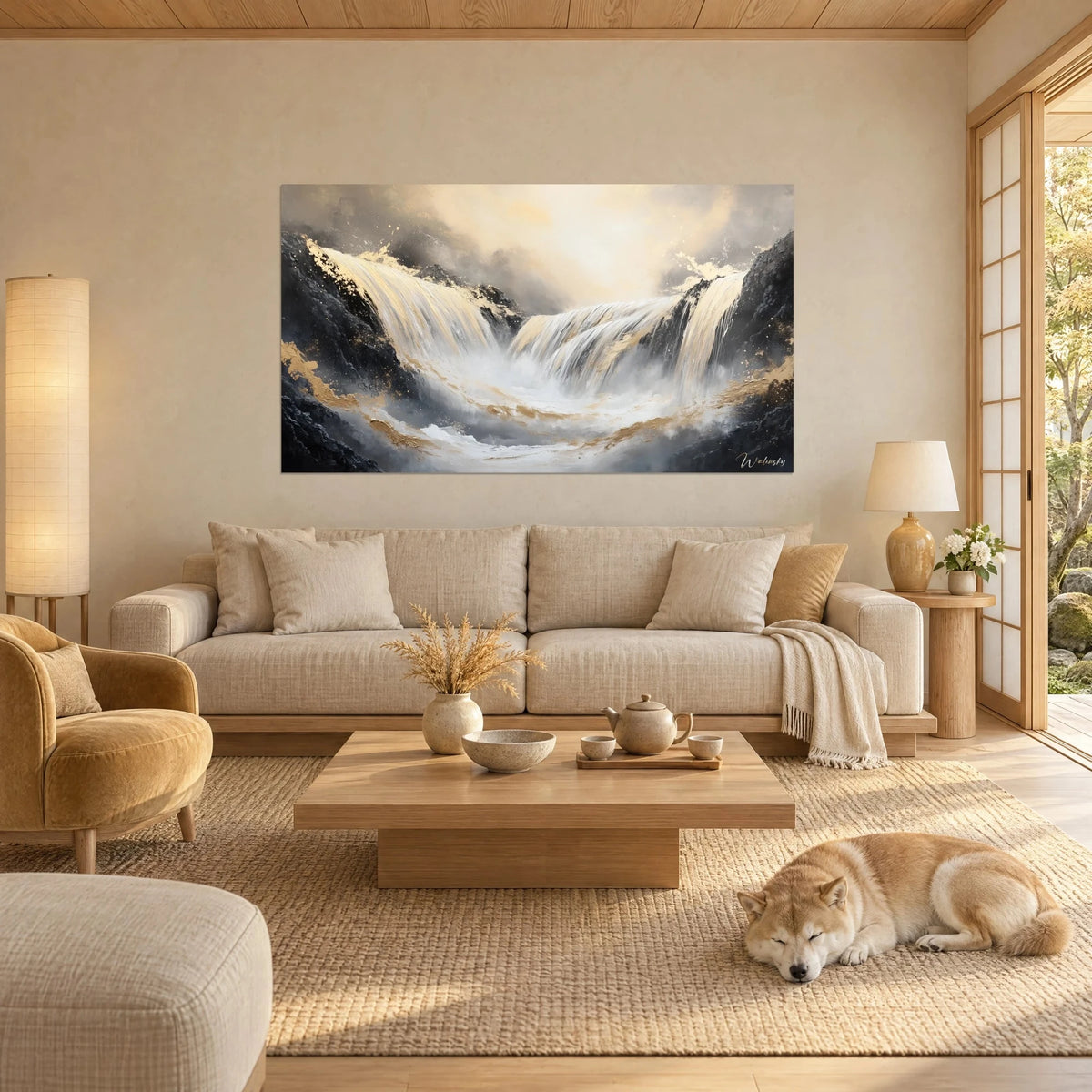 Tableau cascade tumultueuse en ivoire et or sur roches noires, brume lumineuse, Shiba endormi, au-dessus d'un canapé dans un salon lumineux