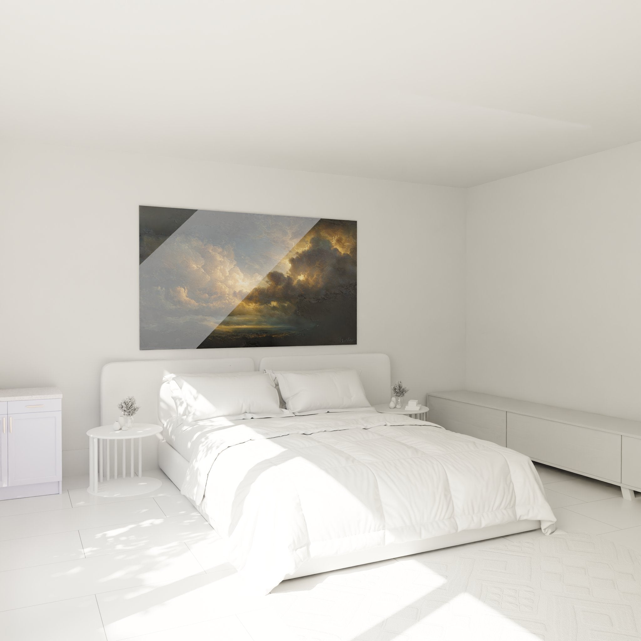 Tableau ciel dramatique dans chambre moderne - décoration murale atmosphérique élégante