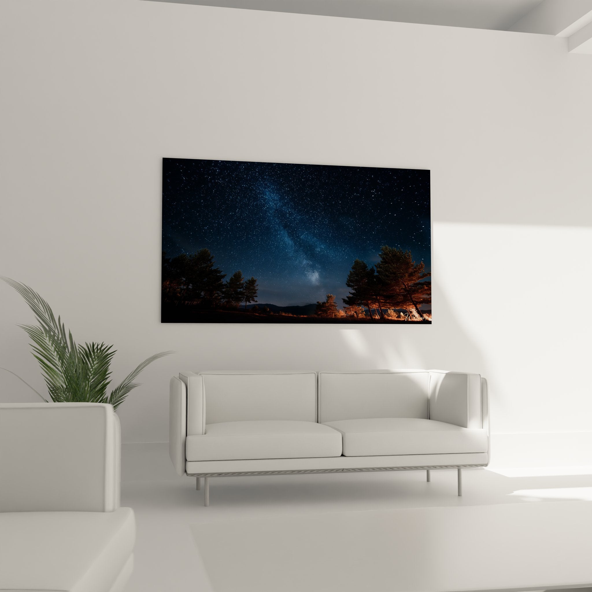 Détail rapproché tableau ciel étoilé montrant étoiles scintillantes et reflet fenêtre géométrique