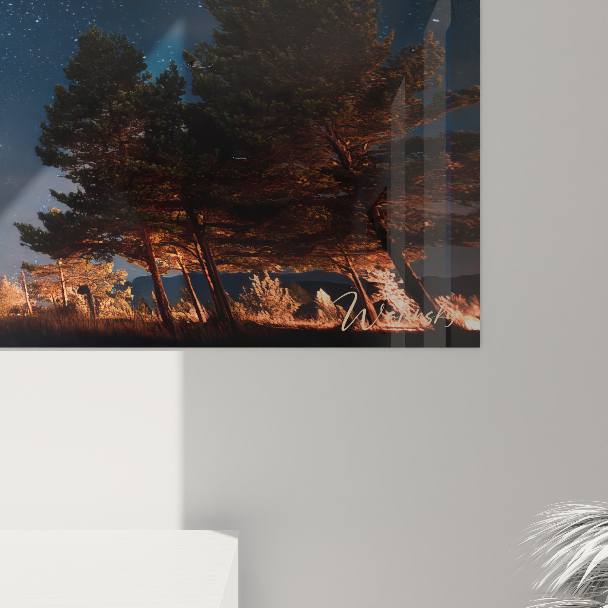 Vue d'ensemble tableau mural ciel étoilé avec paysage nocturne forestier et architecture moderne reflétée