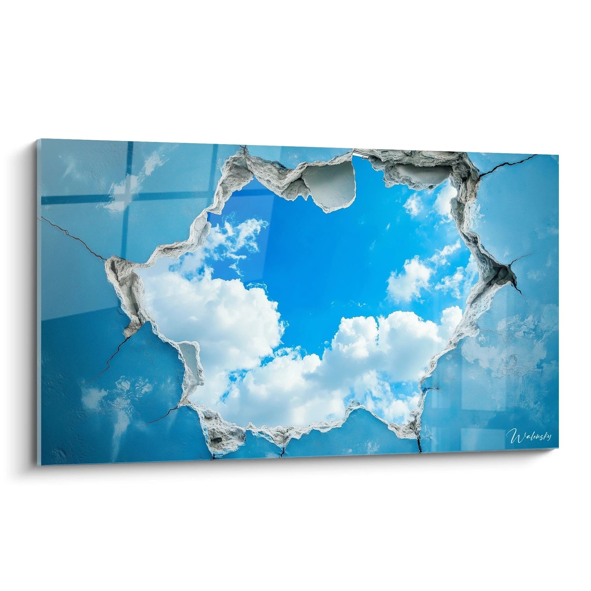 Tableau trompe l'oeil Walensky ciel bleu avec nuages blanc et effet mur fissuré
