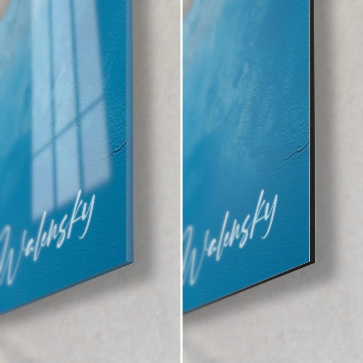 Gemälde Himmelsfenster, unten rechts: glänzendes blaues Acrylglas mit Reflexionen, mattes Alu-Dibond, schwarze Kante von 3 mm