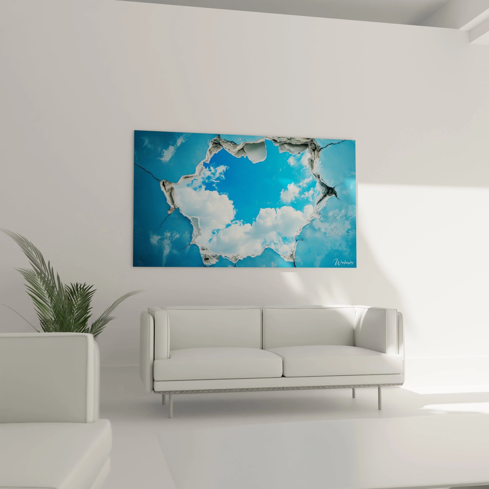 Tableau trompe l'oeil Walensky illusion ciel bleu avec nuages accroché au mur d'un salon moderne blanc
