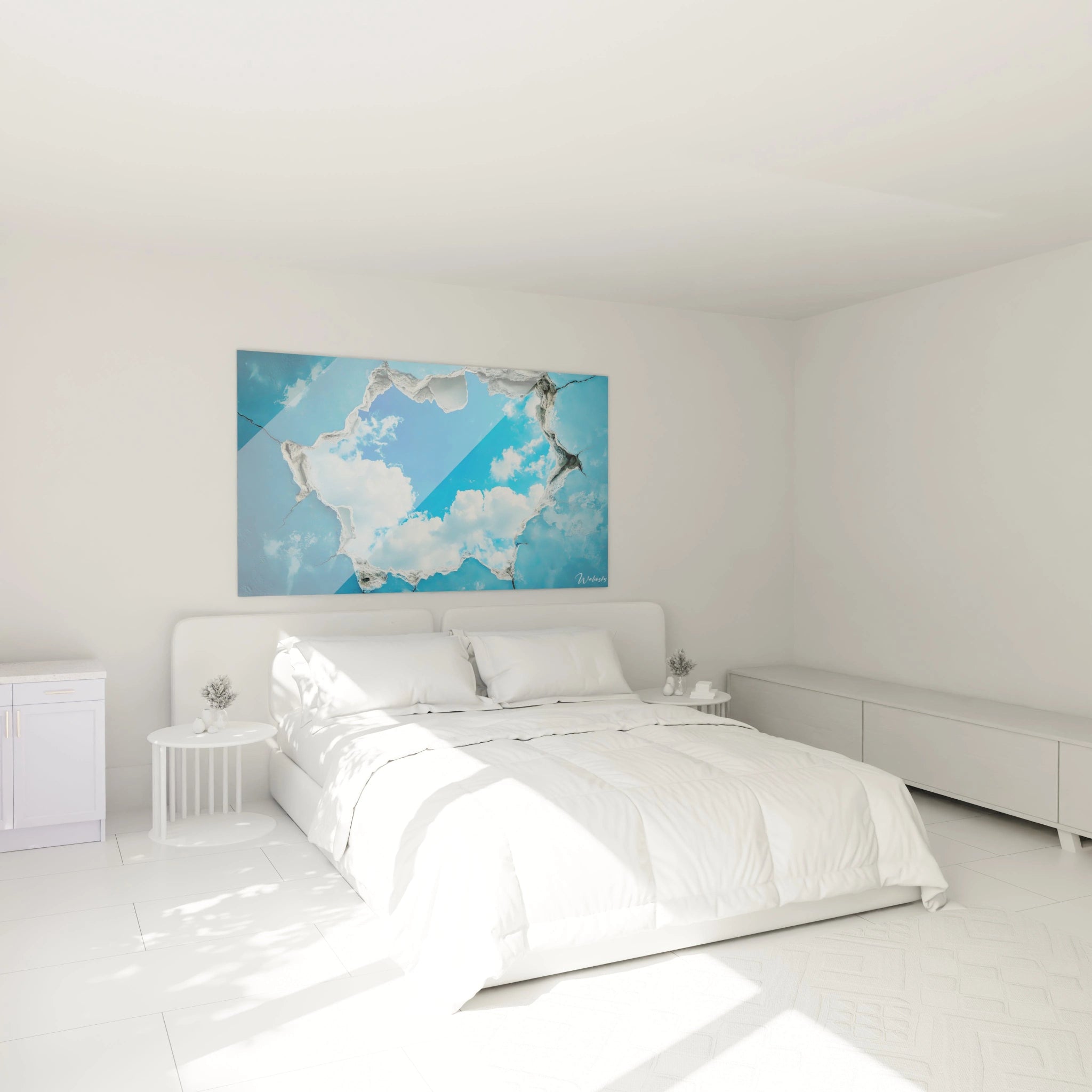 Tableau trompe l'oeil Walensky ciel bleu avec nuages accroché au-dessus d'un lit blanc dans une chambre moderne