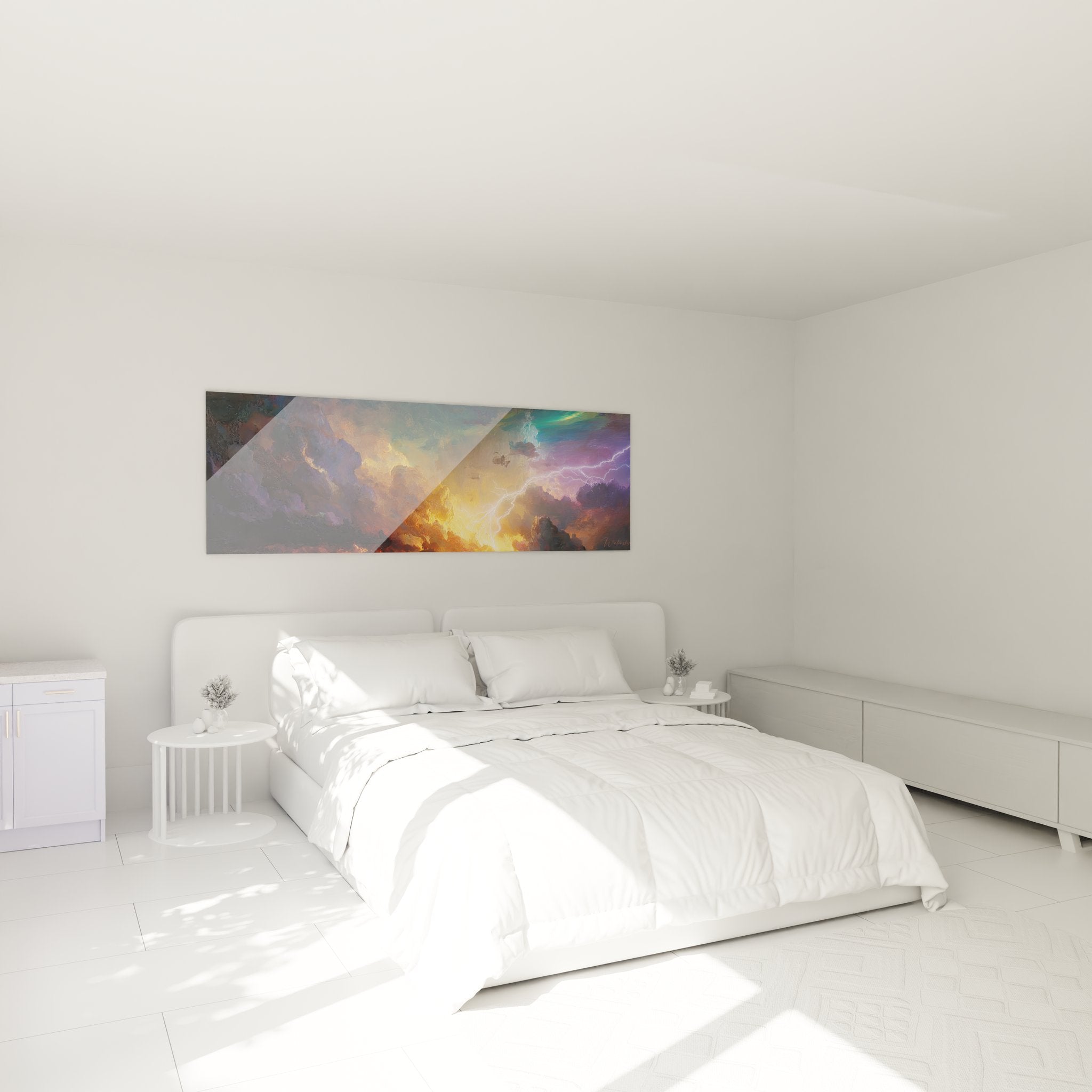 Tableau ciel orageux dans chambre moderne, décoration murale avec éclairs colorés et nuages dramatiques