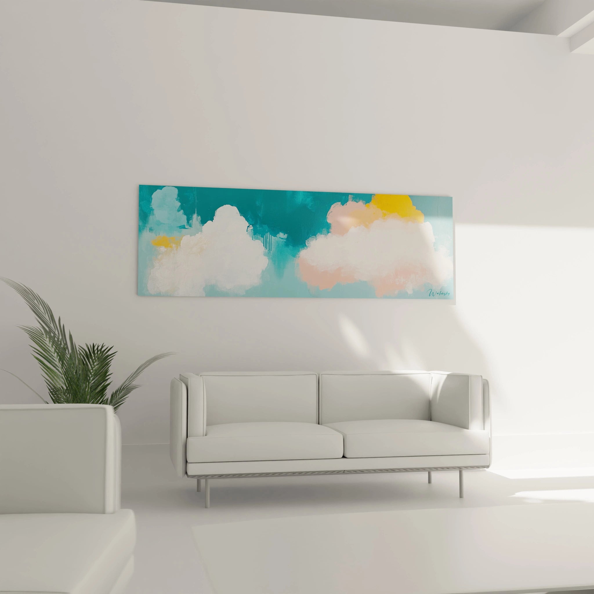 Tableau peinture abstrait Walensky représentant des nuages colorés sur fond turquoise