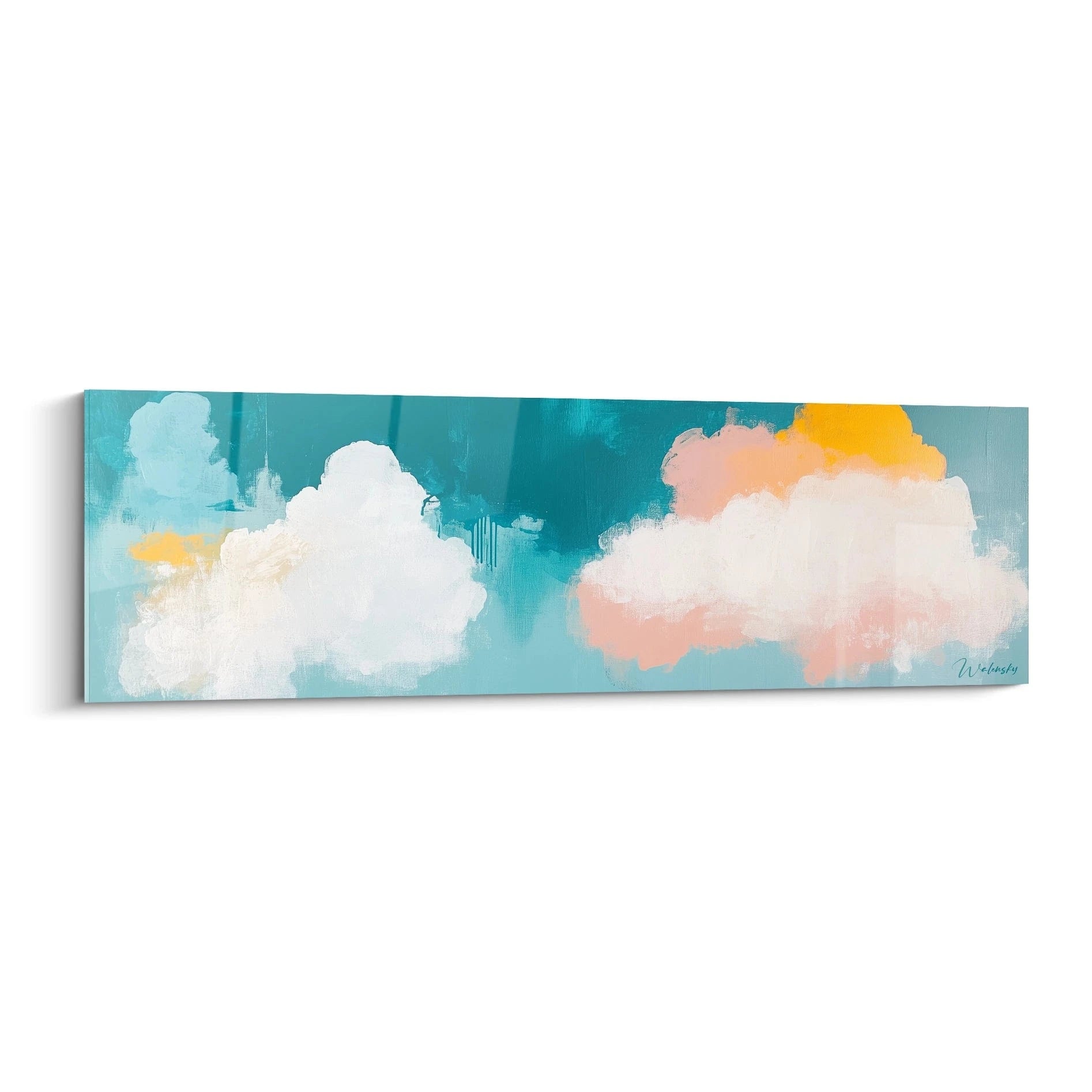 Tableau peinture abstrait de nuages colorés sur fond turquoise signé Walensky