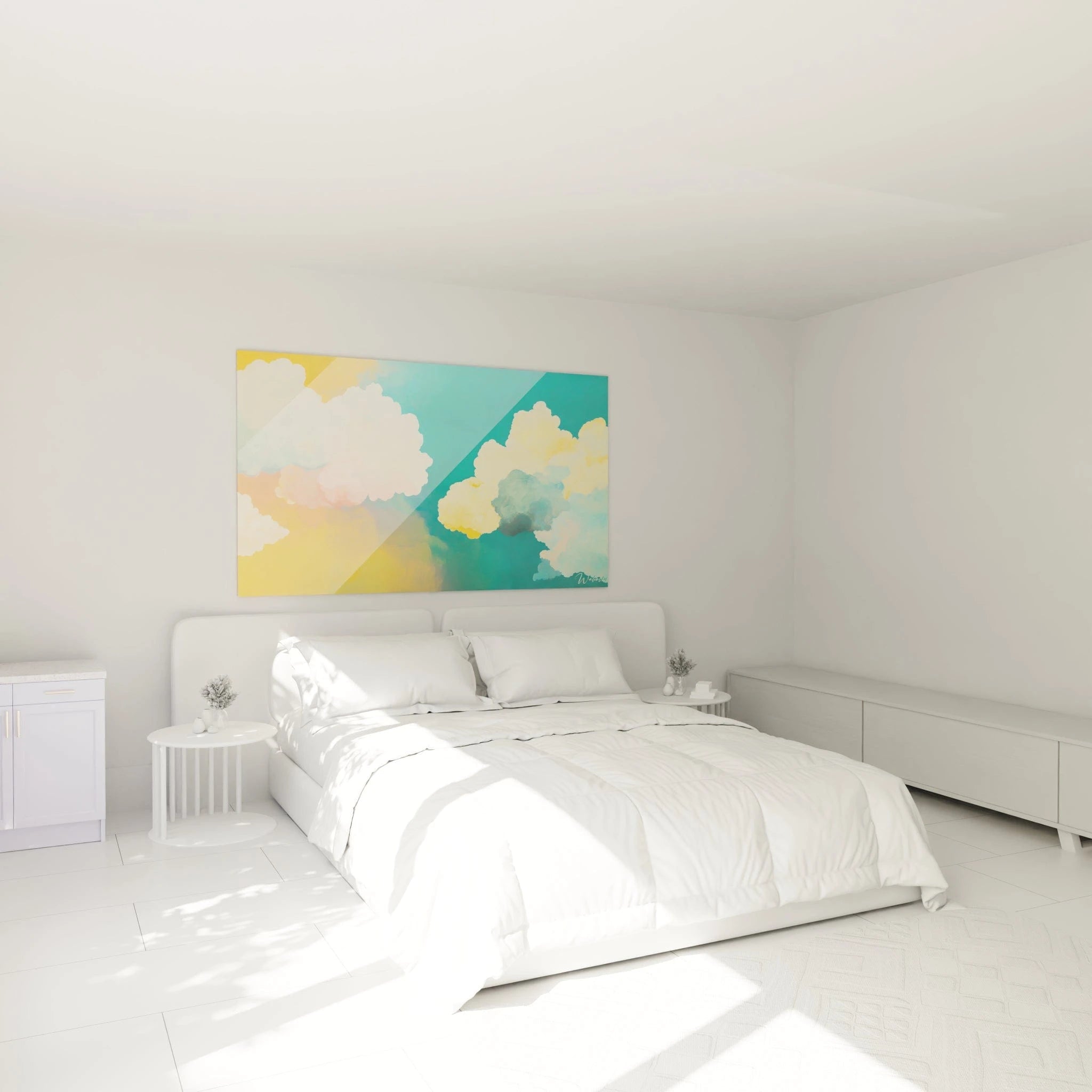 Tableau expressionniste abstrait de Walensky avec des nuages colorés dans une chambre lumineuse