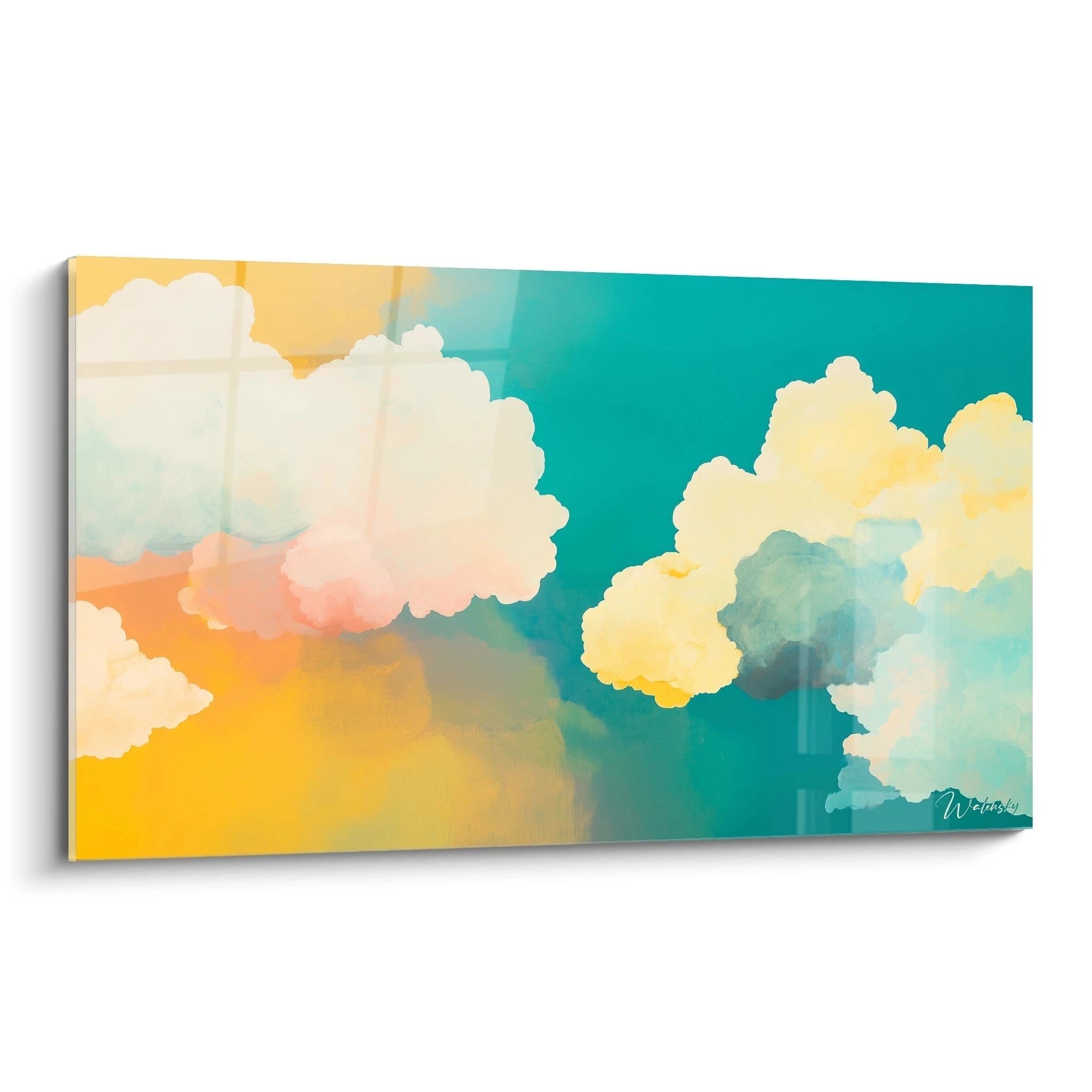 Tableau expressionniste abstrait de nuages colorés avec des tons pastel et une touche moderne
