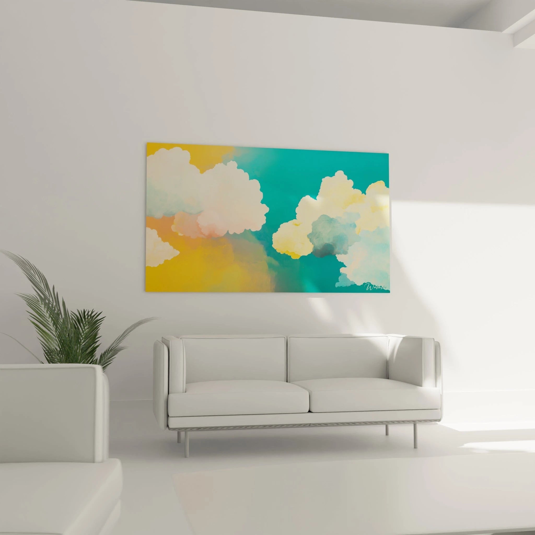 Tableau expressionniste abstrait de Walensky avec nuages colorés sur fond turquoise