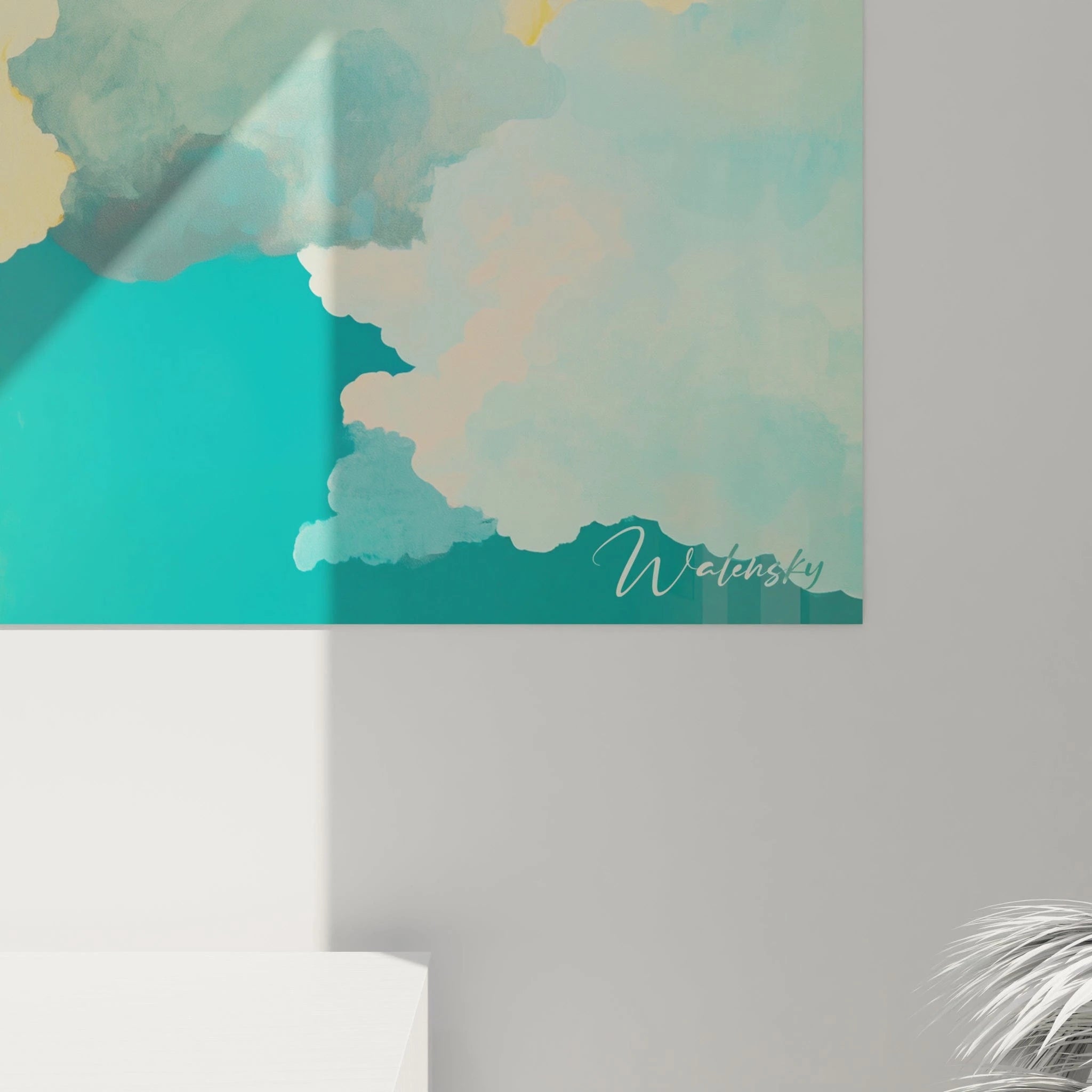 Tableau expressionniste abstrait de Walensky avec des nuances de bleu et de crème, apportant une touche artistique moderne