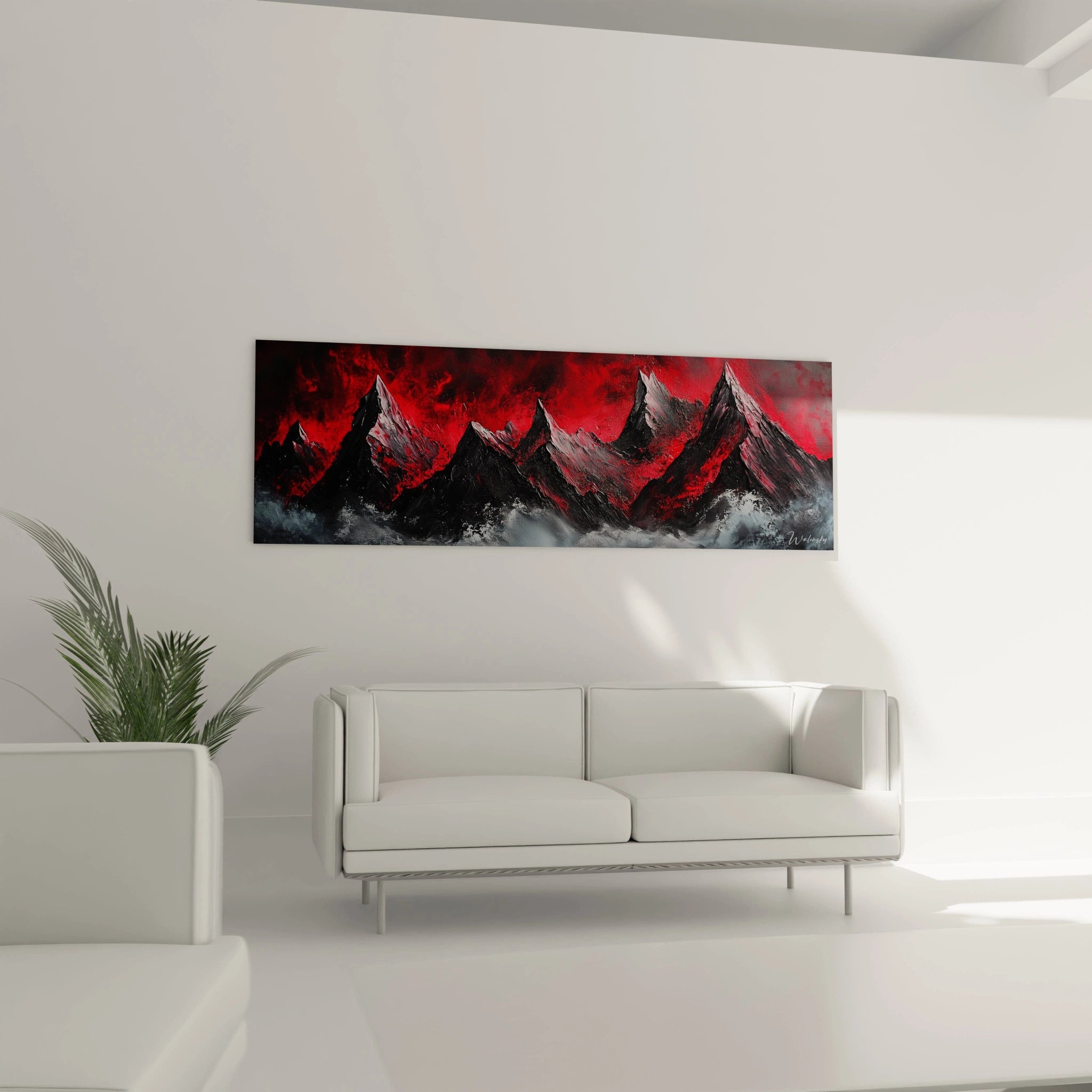 Tableau peinture abstrait de montagnes rouges et noires par Walensky pour décoration intérieure moderne