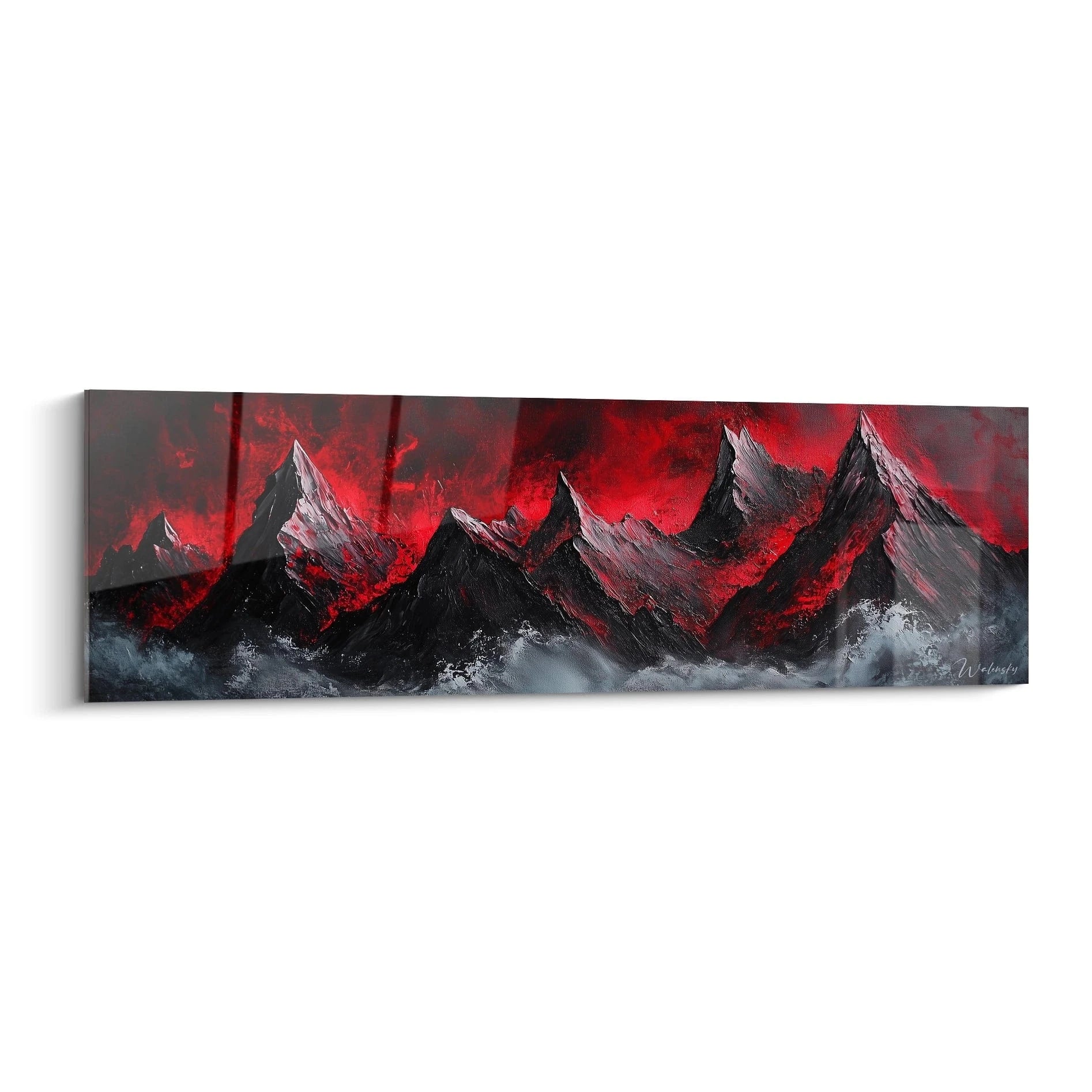 Tableau peinture abstrait de montagnes rouges et noires avec un ciel dramatique, signé Walensky