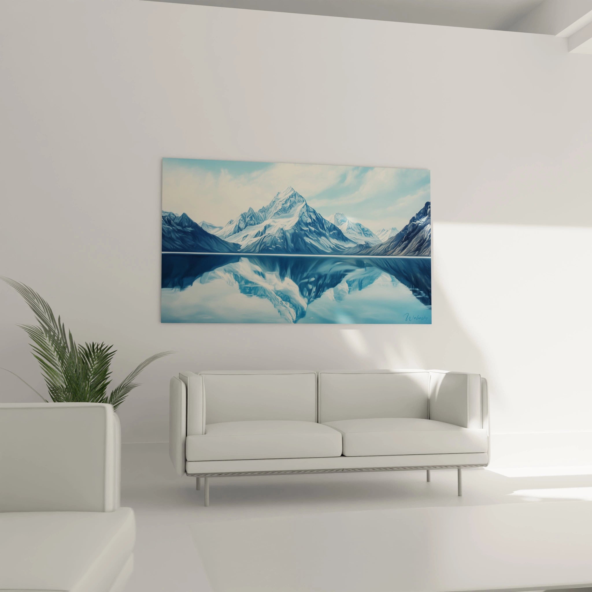 Un tableau de paysage montagneux présentant des sommets enneigés se mirant dans un lac immobile, tons bleus azur et blancs éclatants avec des détails rocheux gris