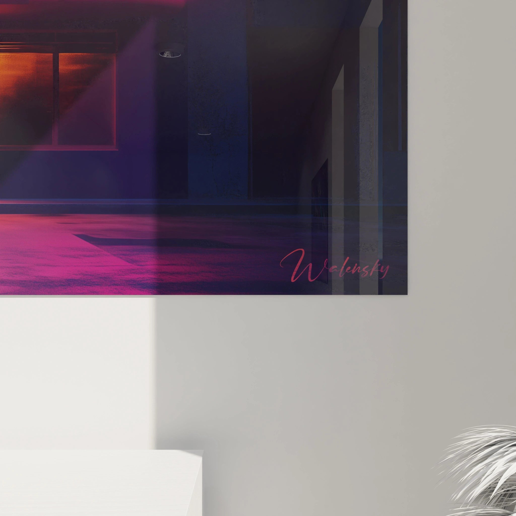 Tableau néon vintage présentant l'entrée d'un cinéma d'époque illuminé par des tubes lumineux roses, oranges et jaunes qui éclatent dans l'obscurité, avec une composition centrée sur la structure architecturale et ses jeux de lumière sur les surfaces environnantes.