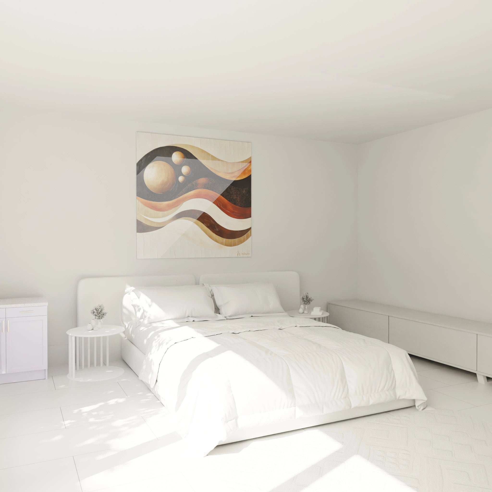 Tableau africain mural Walensky aux motifs abstraits marron et beige dans chambre blanche moderne