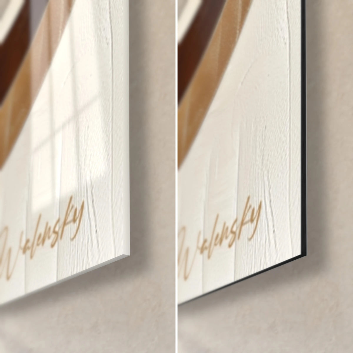 Schilderij met abstracte koper- en crèmekleurige golven, rechteronderhoek: glanzend acryl links, mat Dibond rechts, rand van 3 mm