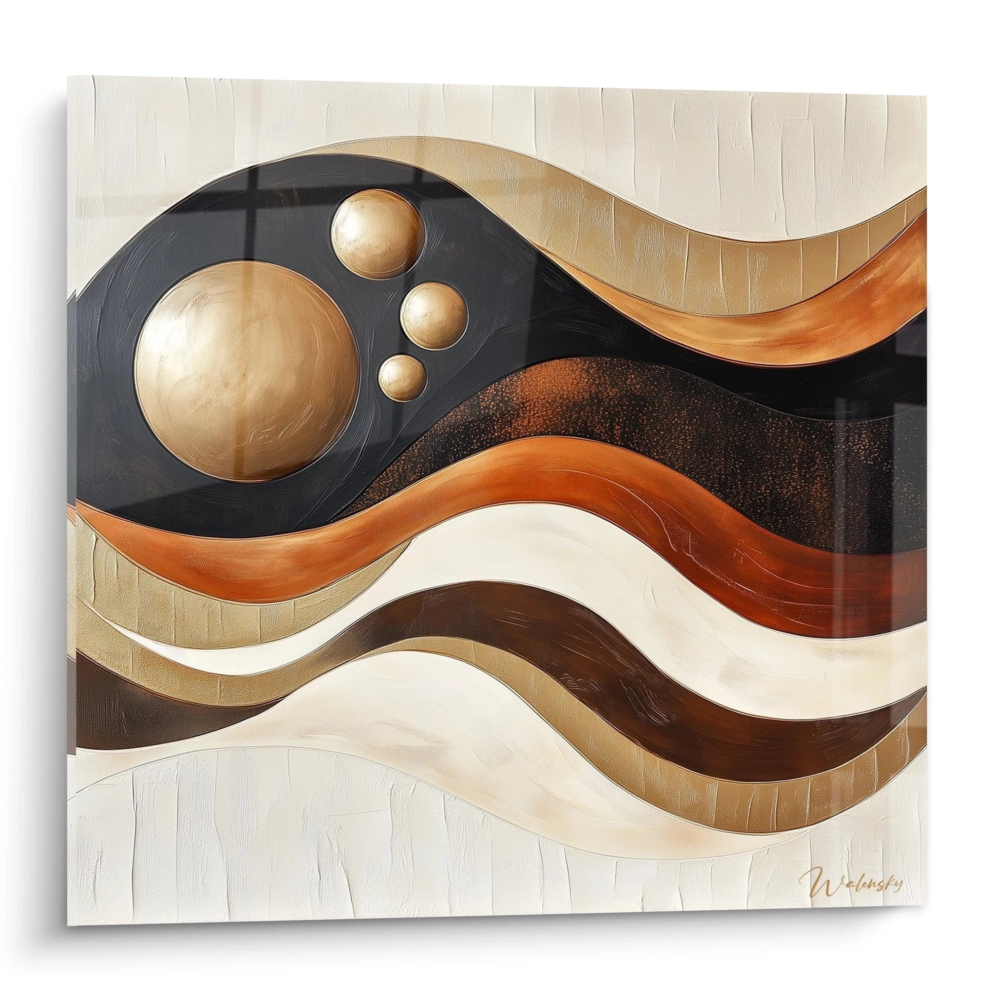 Tableau africain mural abstrait avec formes circulaires dorées et ondes brunes signé Walensky