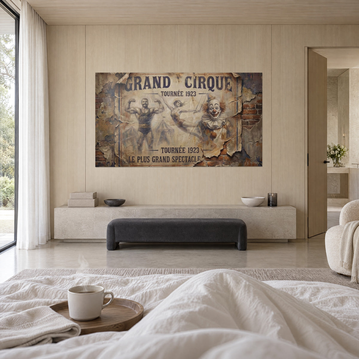 Schilderij reclameaffiche Grand Cirque met marineblauwe letters op verouderd crèmekleurig papier, boven een bed in een lichte slaapkamer