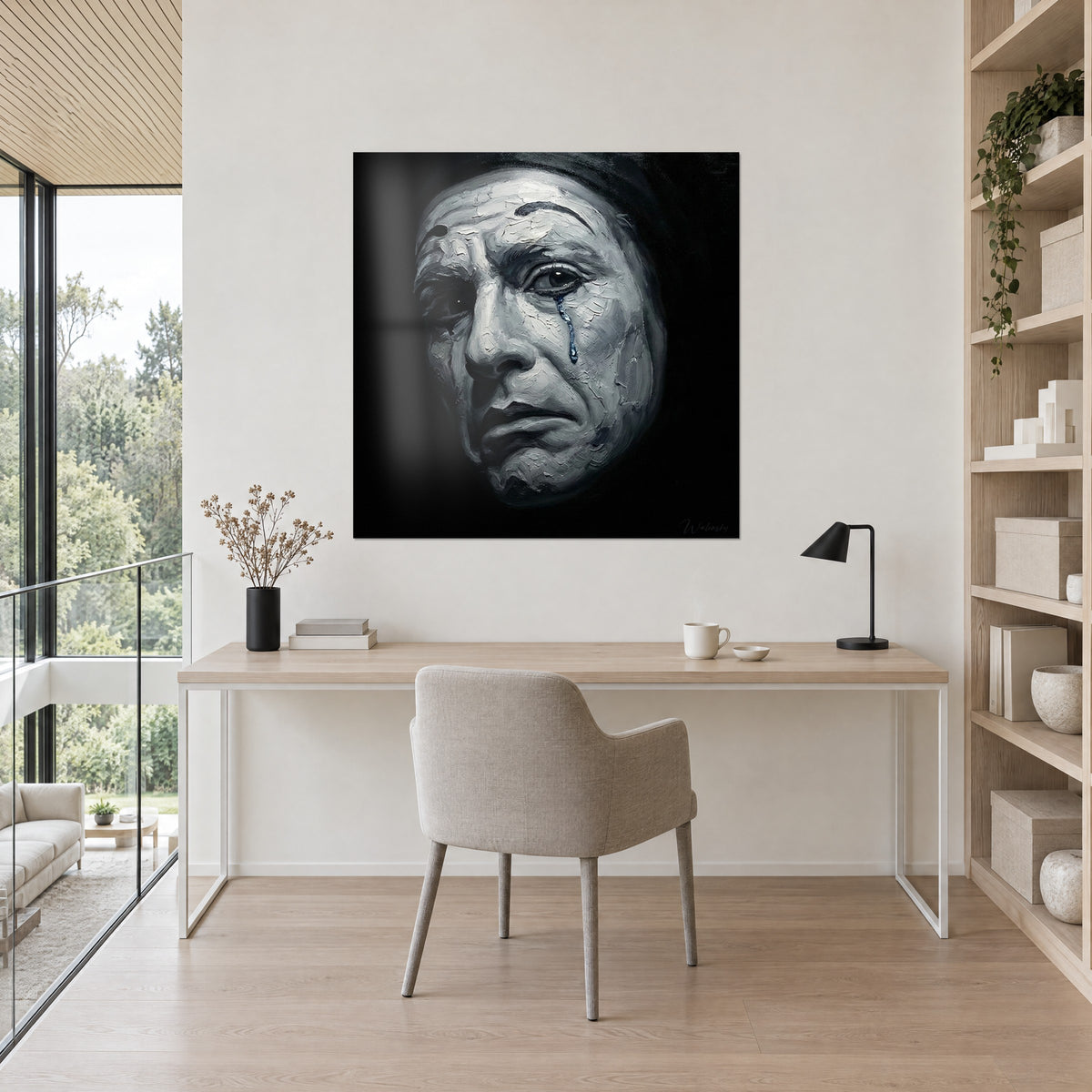 Tableau face de saltimbanque mélancolique, épais coups de couteau blancs et noirs, au-dessus d'un bureau en bois clair