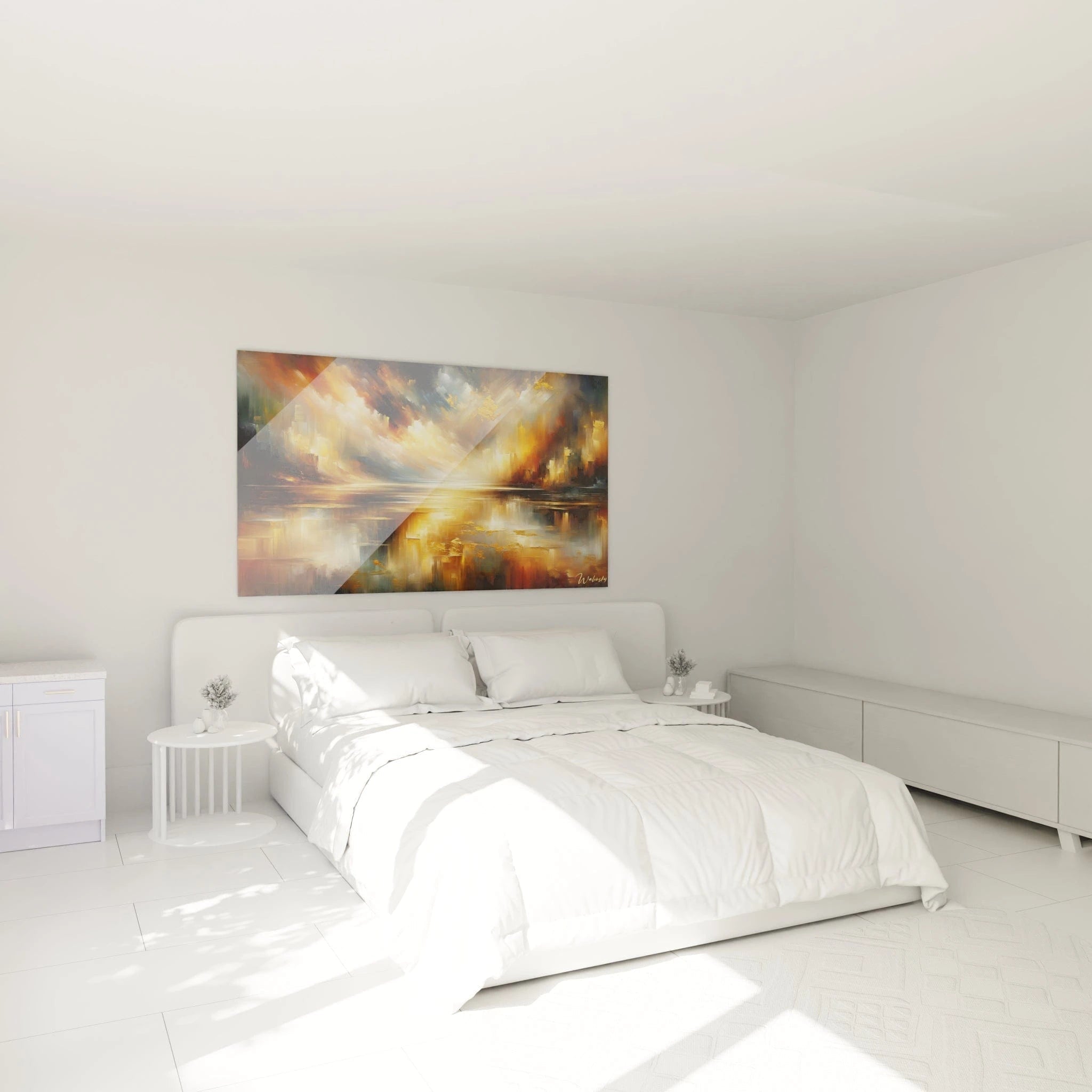 Un tableau abstrait d'horizon sur eau calme. La palette associe des tons ambre, or métallique, bleu-gris et brun-rouge. Les textures combinent empâtements dorés en relief, zones lisses réfléchissantes et coups de pinceau vigoureux créant un effet de mouvement dans le ciel tumultueux et son reflet.