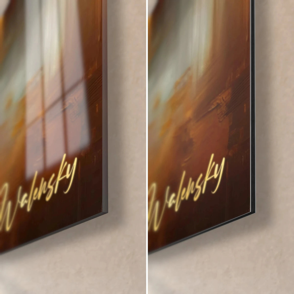Schilderij van een stad met gouden reflecties, rechtsonder: glanzend acrylglas links, mat Dibond-aluminium rechts, rand van 3 mm