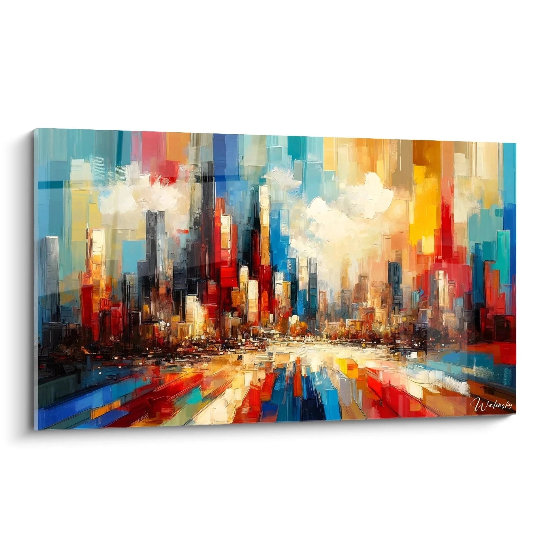 Un tableau abstrait de skyline urbain avec gratte-ciels stylisés. Dominé par des teintes turquoise, rouge vif, ocre et bleu cobalt. La texture présente des coups de couteau à palette créant des formes rectangulaires verticales au centre et des traînées horizontales réfléchissantes dans la partie inférieure évoquant l'eau.