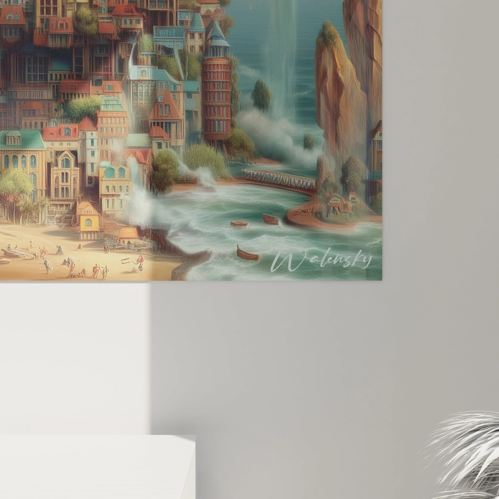 Tableau mural Walensky tableau surréaliste cité flottante avec falaise cascade plage et petits bateaux