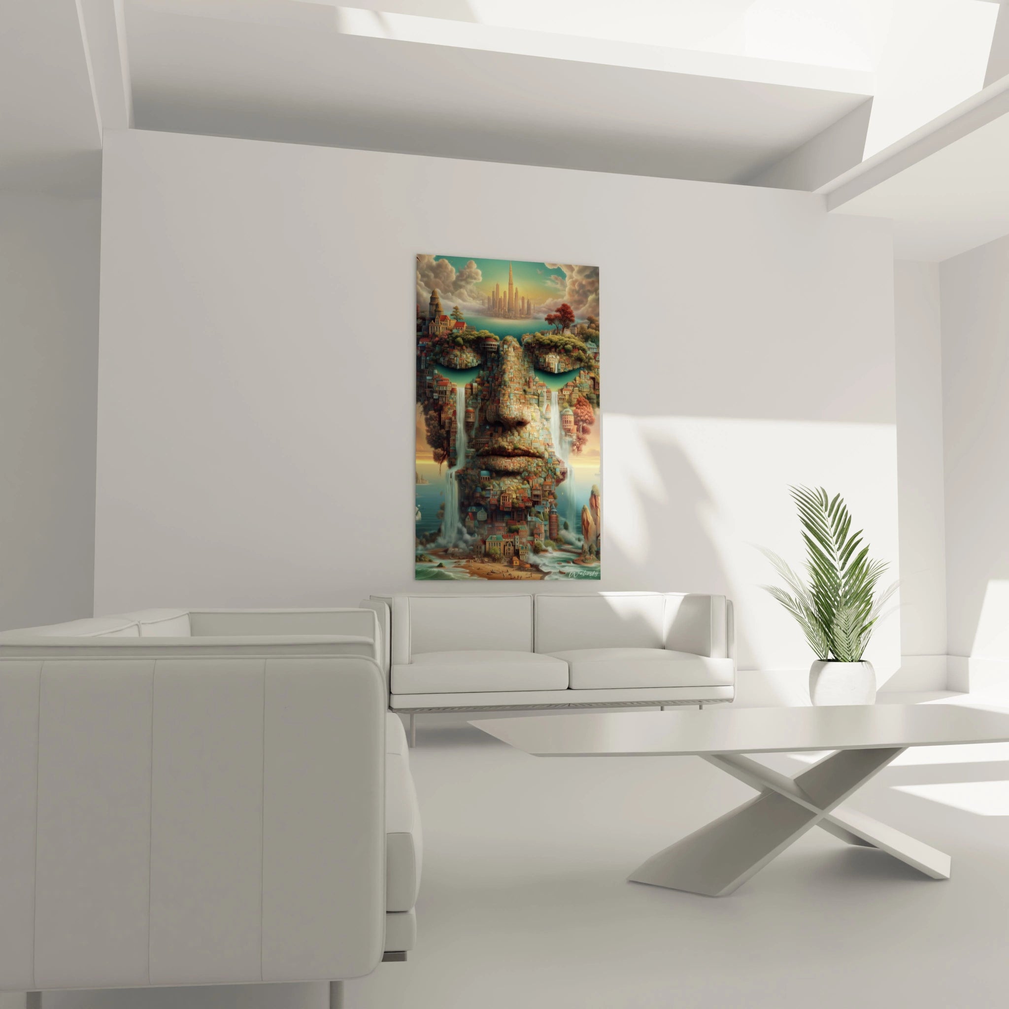 Tableau mural montrant un tableau surréaliste cité flottante visage paysage avec cascades et jardins suspendus