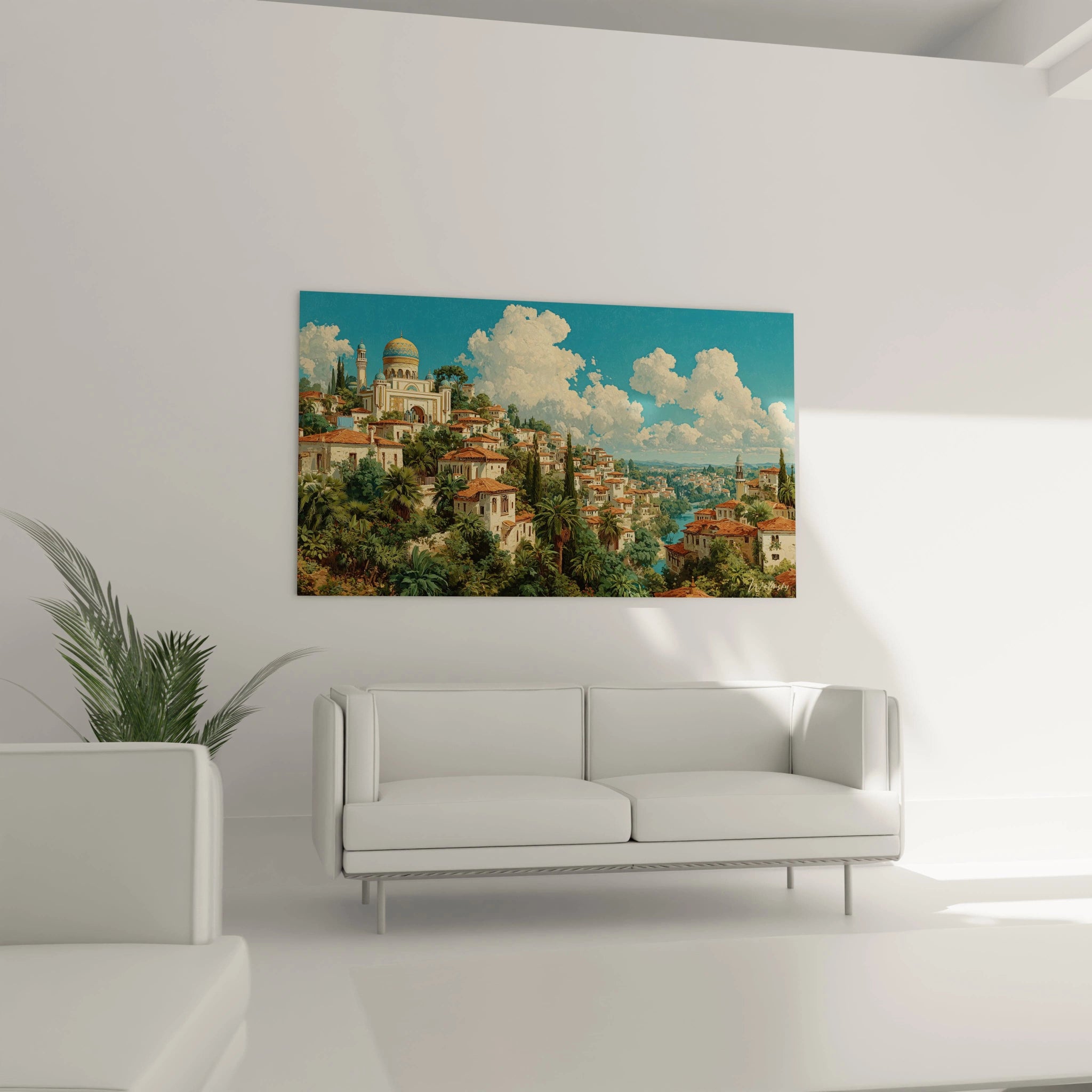 Tableau Walensky paysage oriental avec dômes et toits rouges au dessus d un canapé blanc, tableau orientalisme décoration murale