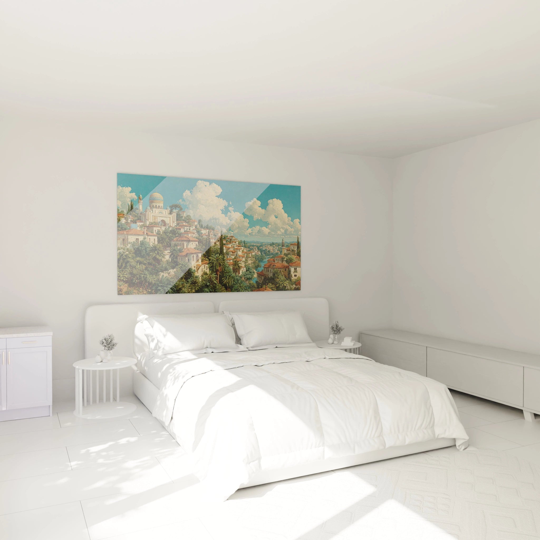 tableau orientalisme décoration murale Walensky paysage oriental coloré au dessus d un lit blanc dans une chambre minimaliste