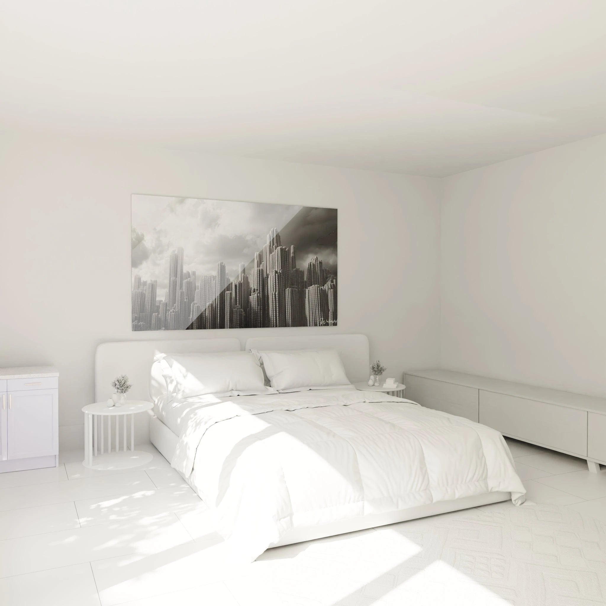 Un tableau urbain monochrome présentant une métropole abstraite formée de colonnes striées verticales, certaines atteignant différentes hauteurs pour former une skyline imposante, avec un traitement texturé en noir et blanc qui accentue le relief des structures sous un ciel menaçant.