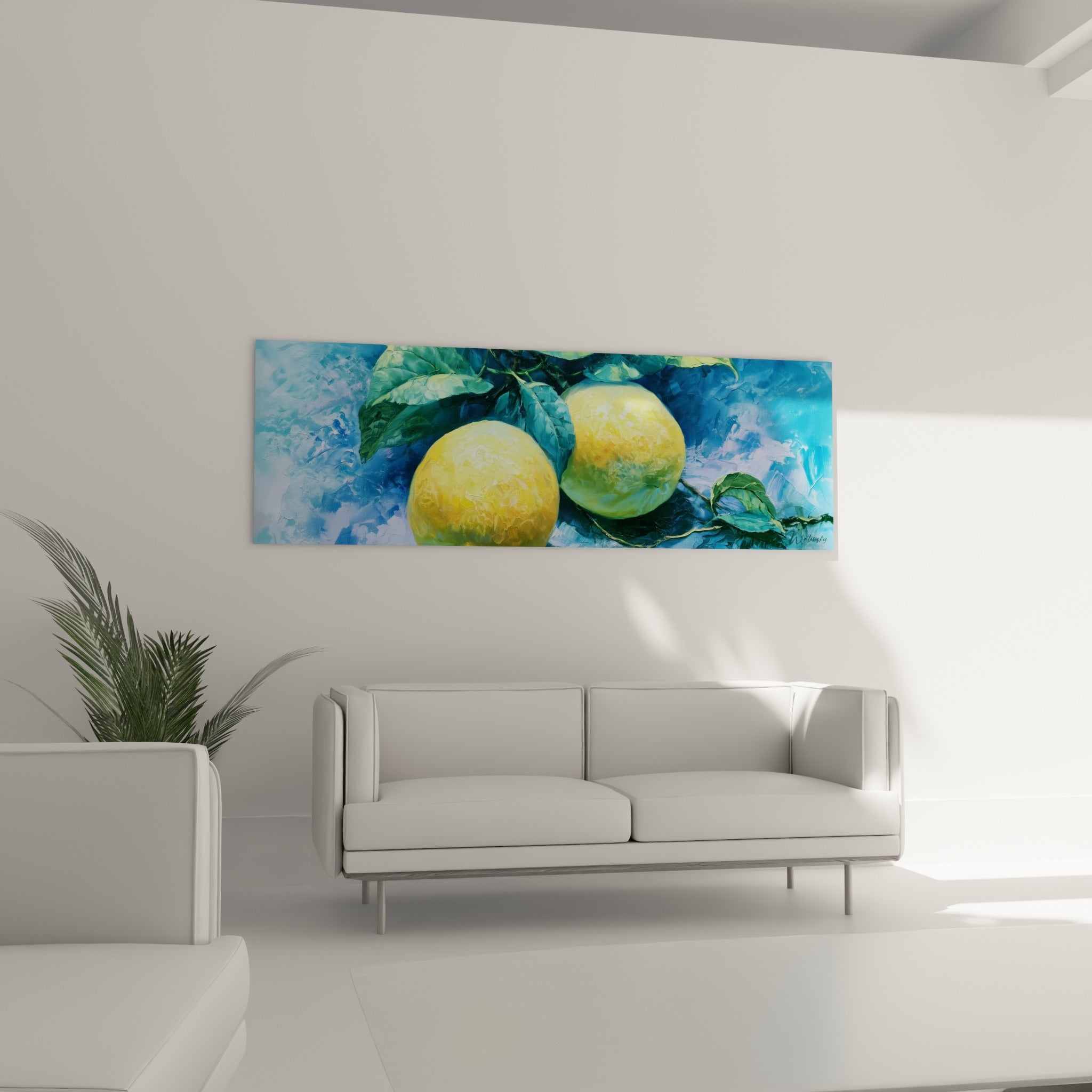 Branche de citrons dorés et feuilles vertes, disposée au-dessus d'un canapé dans un salon lumineux