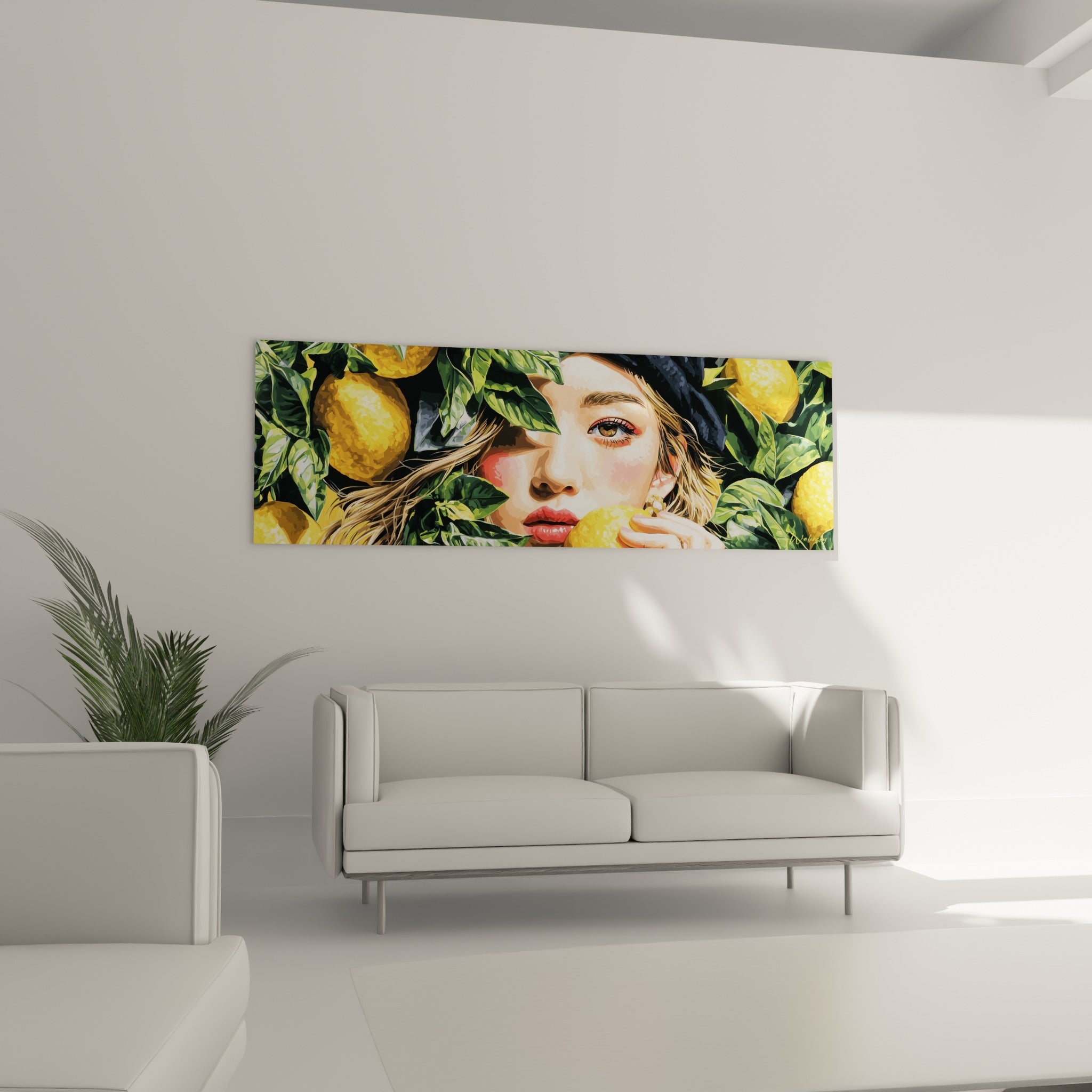 Portrait aux citrons dorés et feuillage vert émeraude, disposé au-dessus d'un canapé dans un salon lumineux