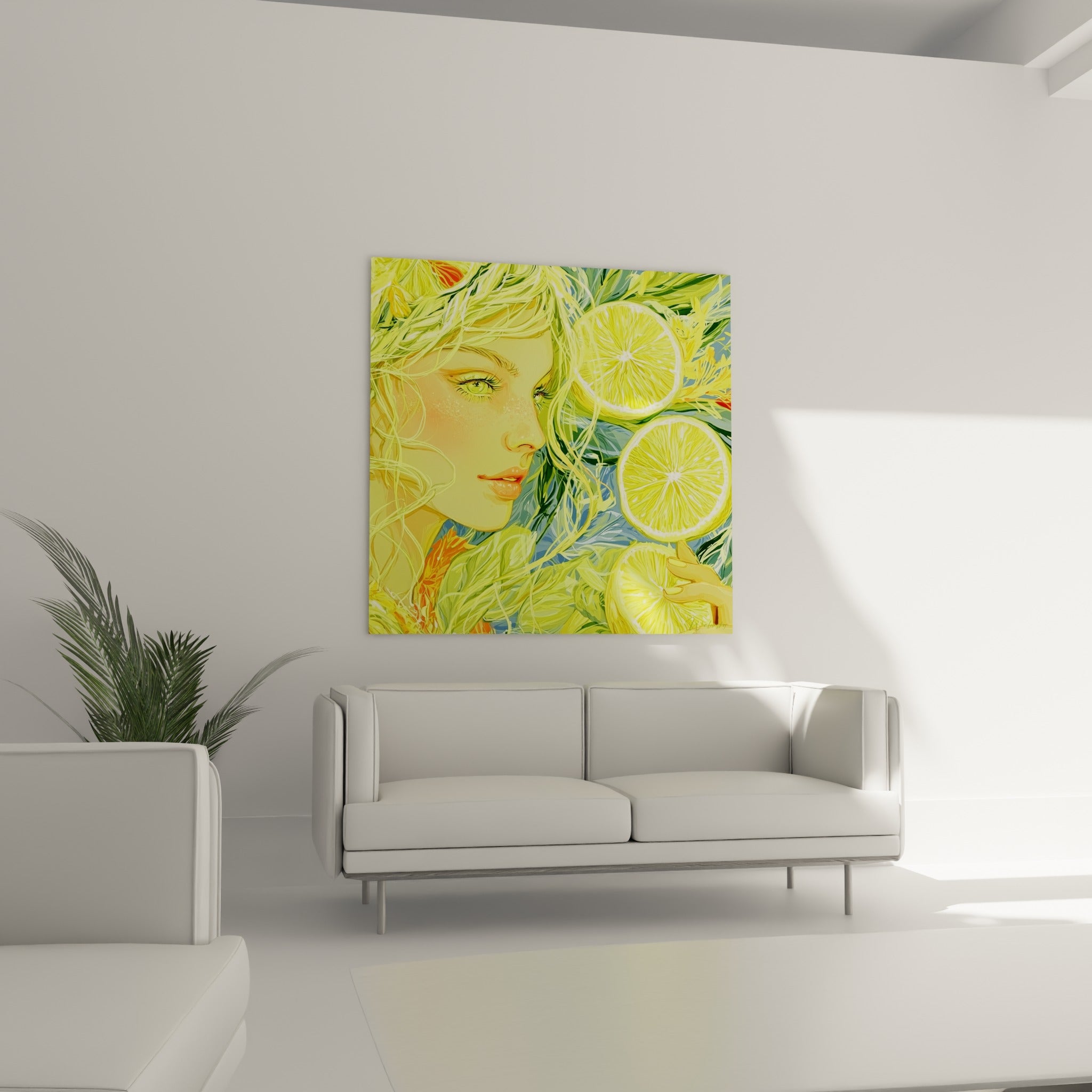 Chevelure verte et rondelles citron jaune vif surplombant un canapé dans un salon lumineux
