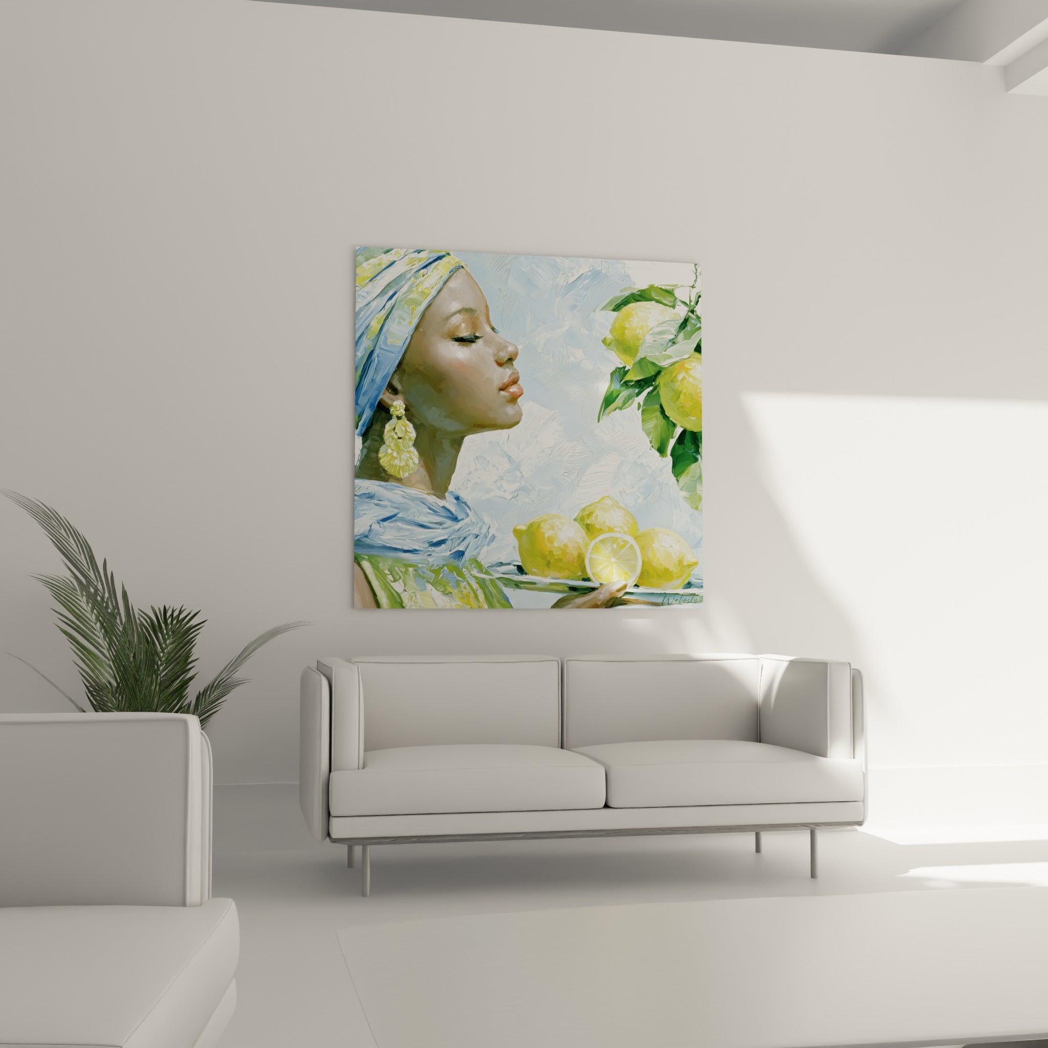 Profil serein d'une femme voilée de bleu près de citrons dorés, au-dessus d'un canapé dans un salon lumineux