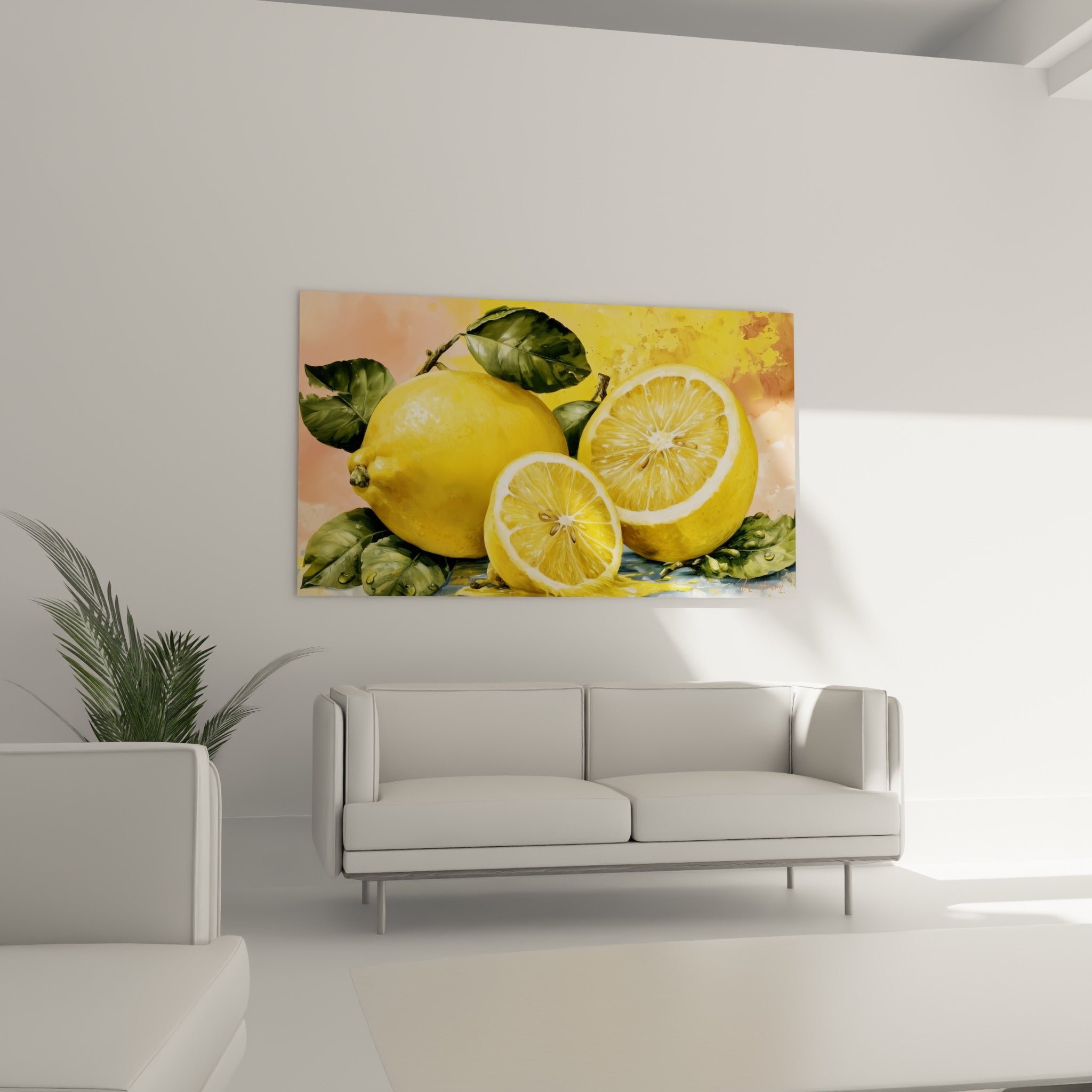 Tranches de citron jaune et rose pastel en arrière-plan au-dessus d'un canapé dans un salon lumineux