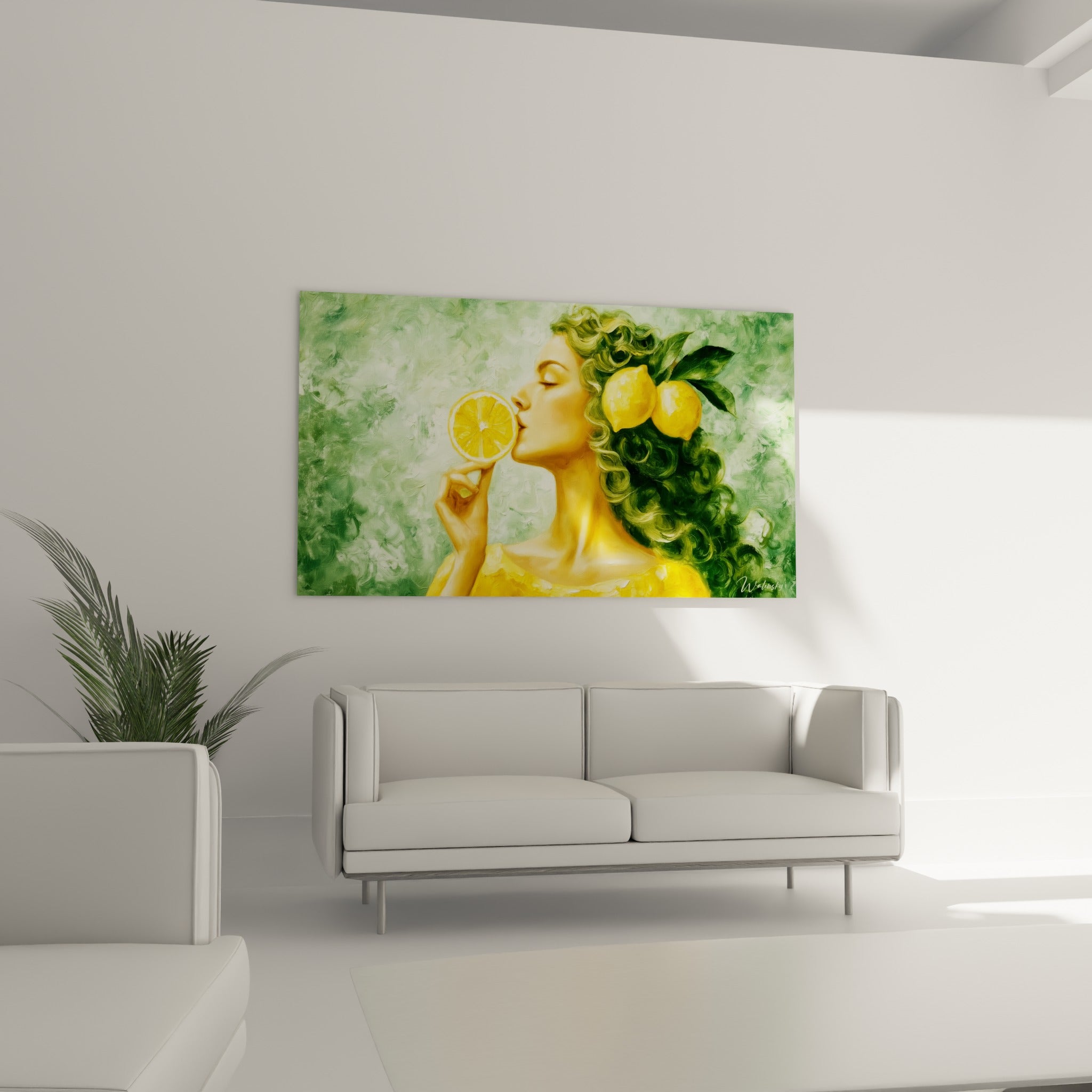 Silhouette Citron aux boucles vertes et robe jaune, au-dessus d'un canapé dans un salon lumineux